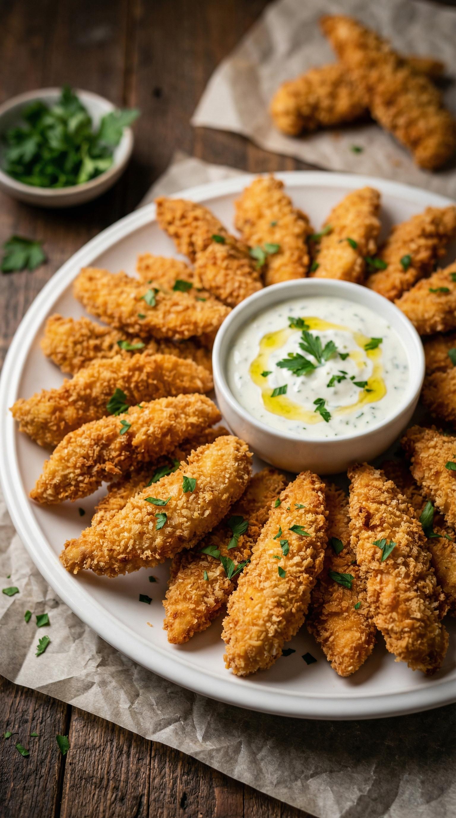 A plate of breaded chicken strips with a bowl of dipping sauce.
