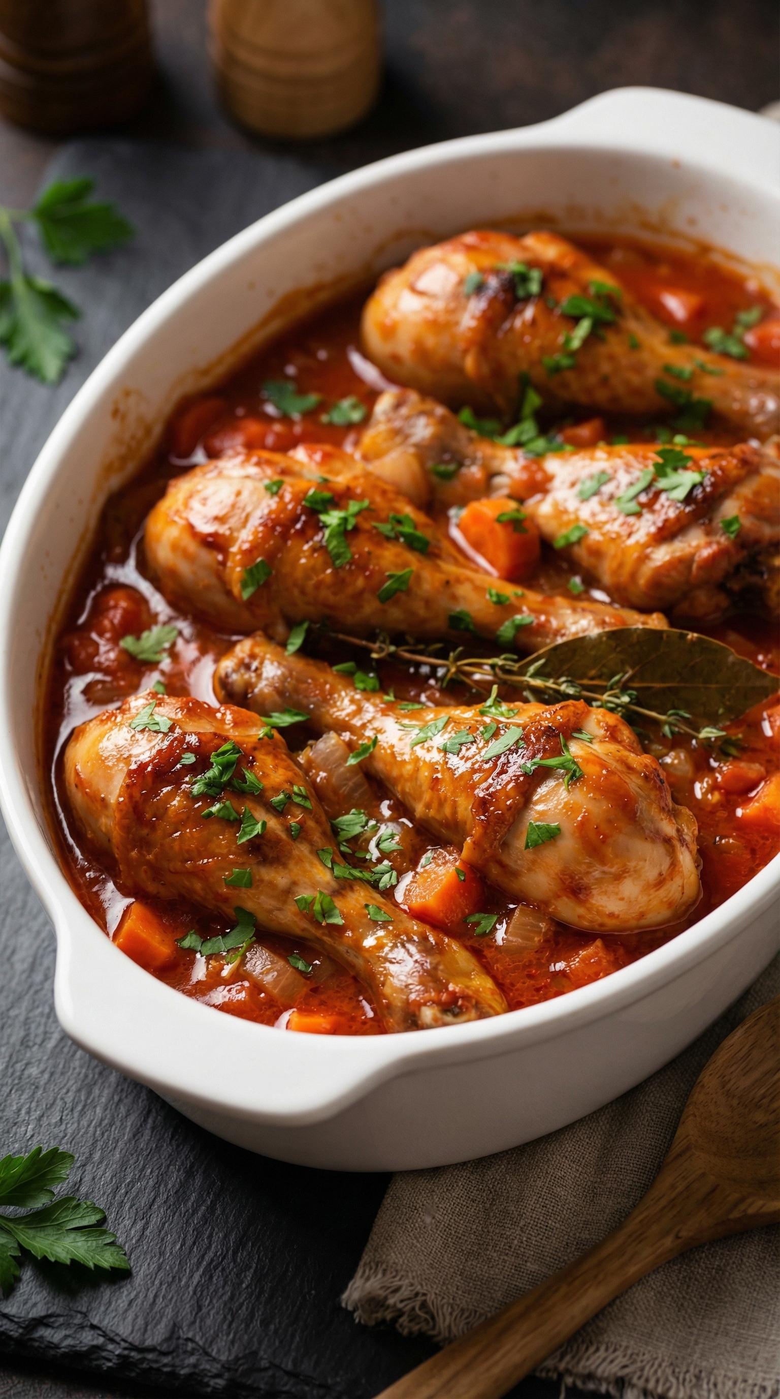 A bowl of chicken with herbs and sauce.