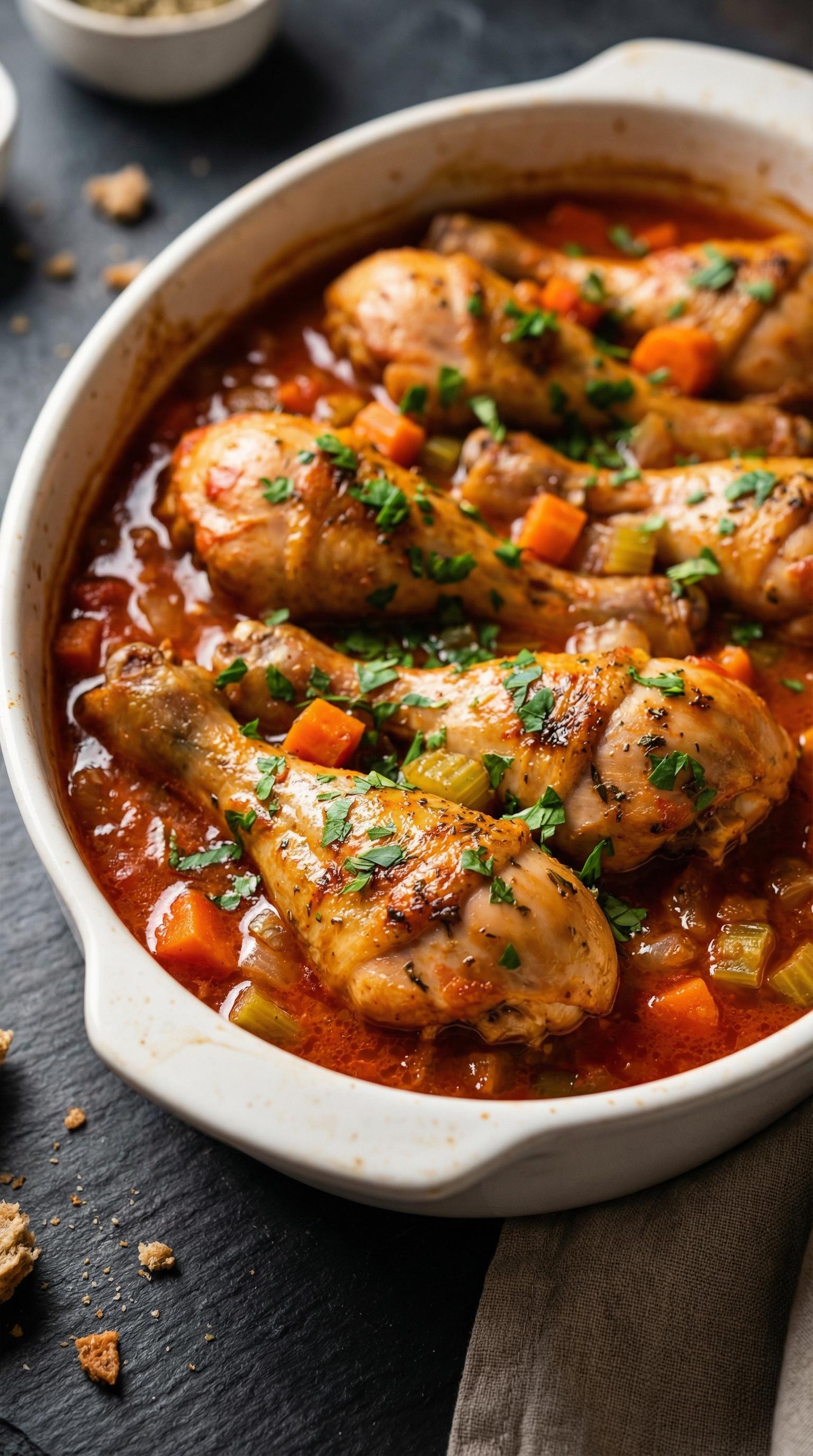 A bowl of chicken with carrots and herbs.