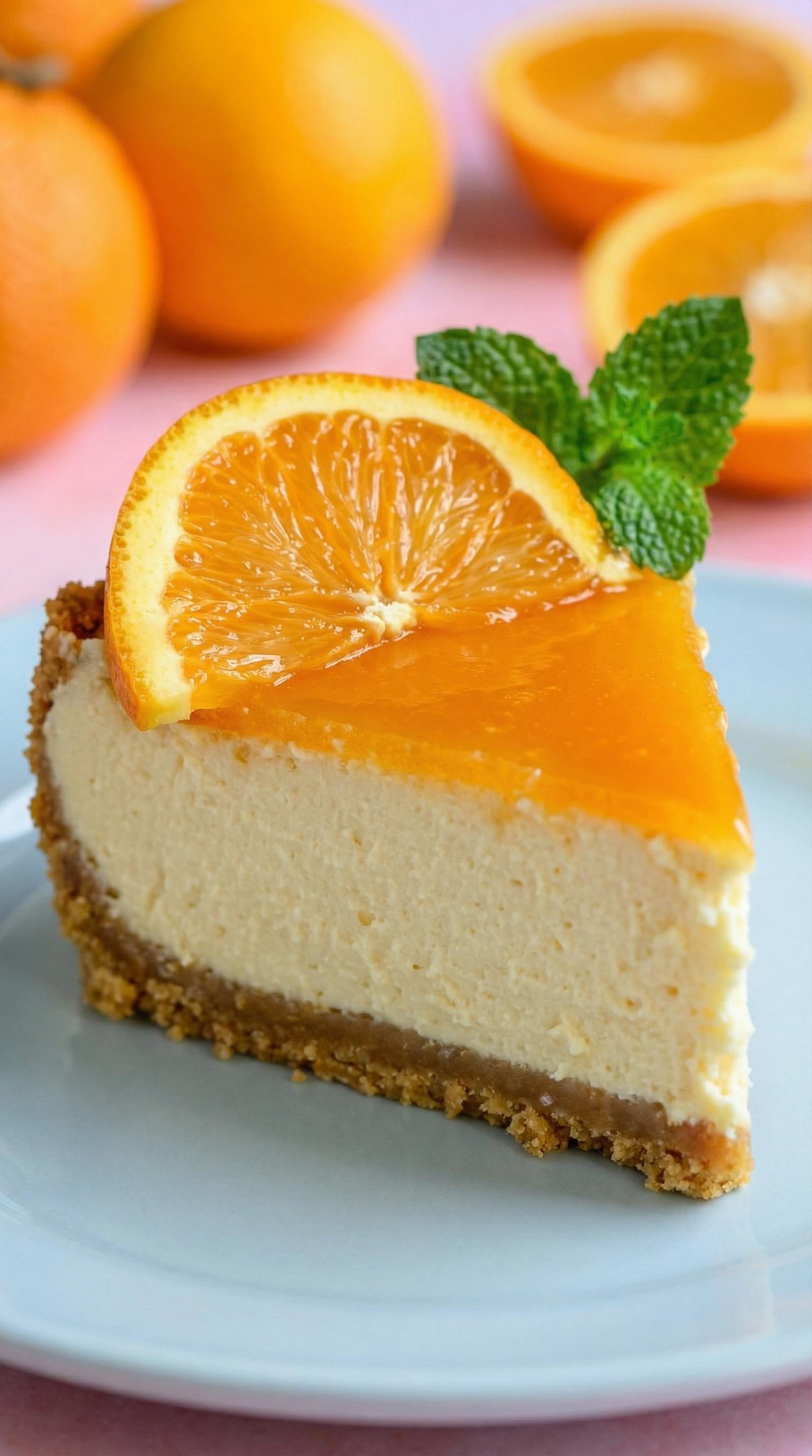 A slice of orange cheesecake with a mint leaf on top.