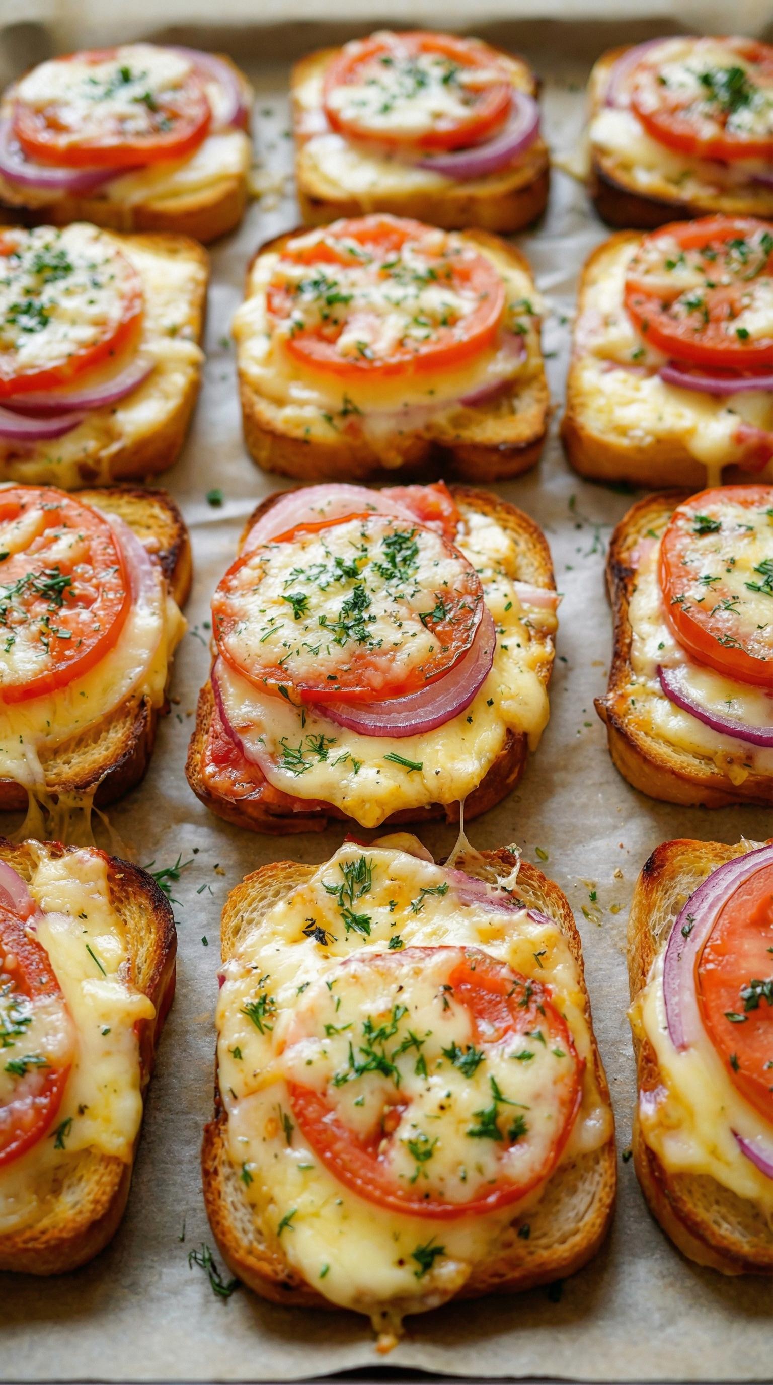 A plate of sandwiches with tomatoes, cheese, and onions.