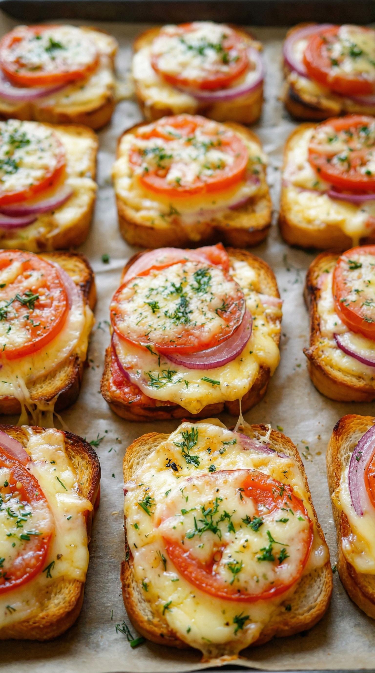 A plate of toast with tomatoes, cheese, and onions.
