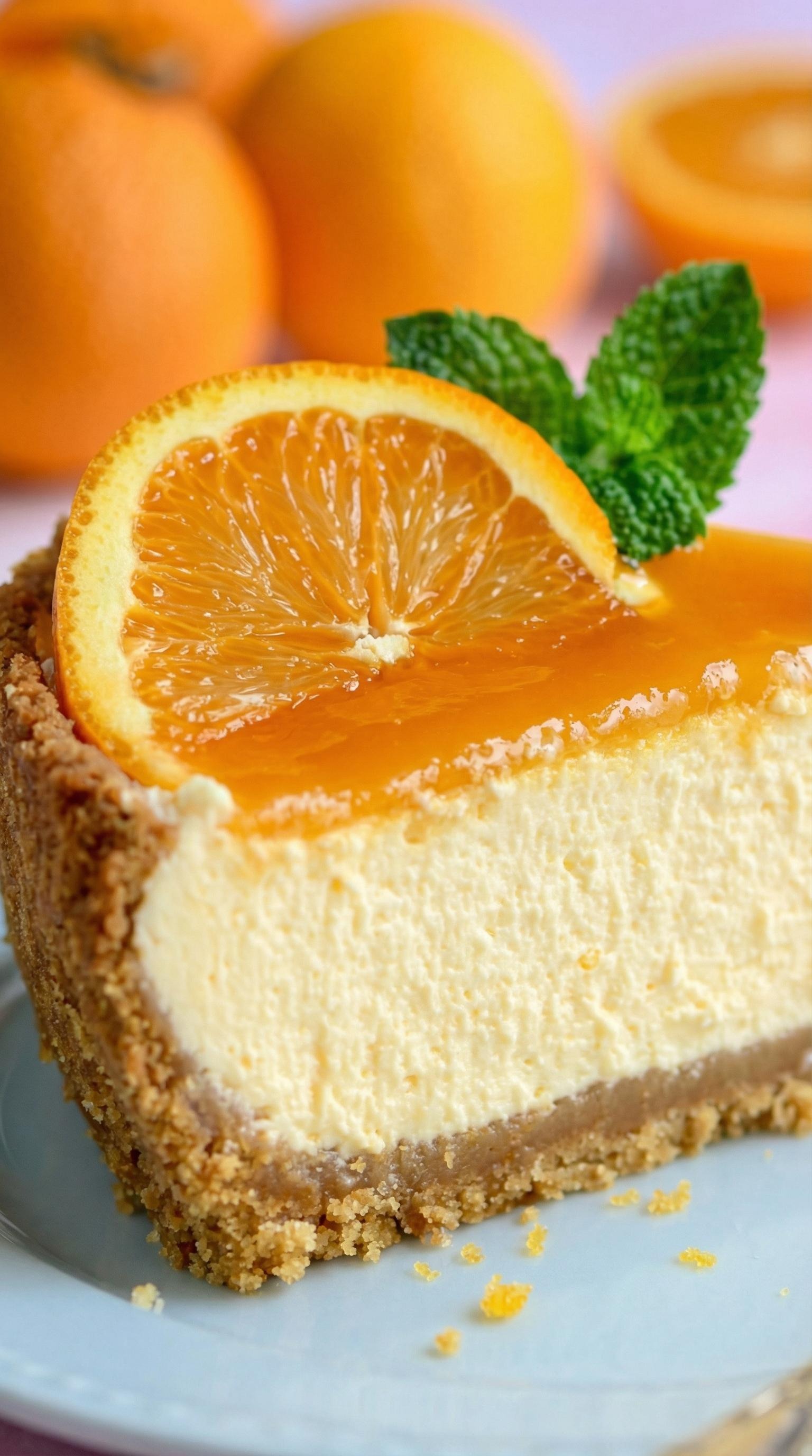 A slice of cheesecake with a slice of orange on top.
