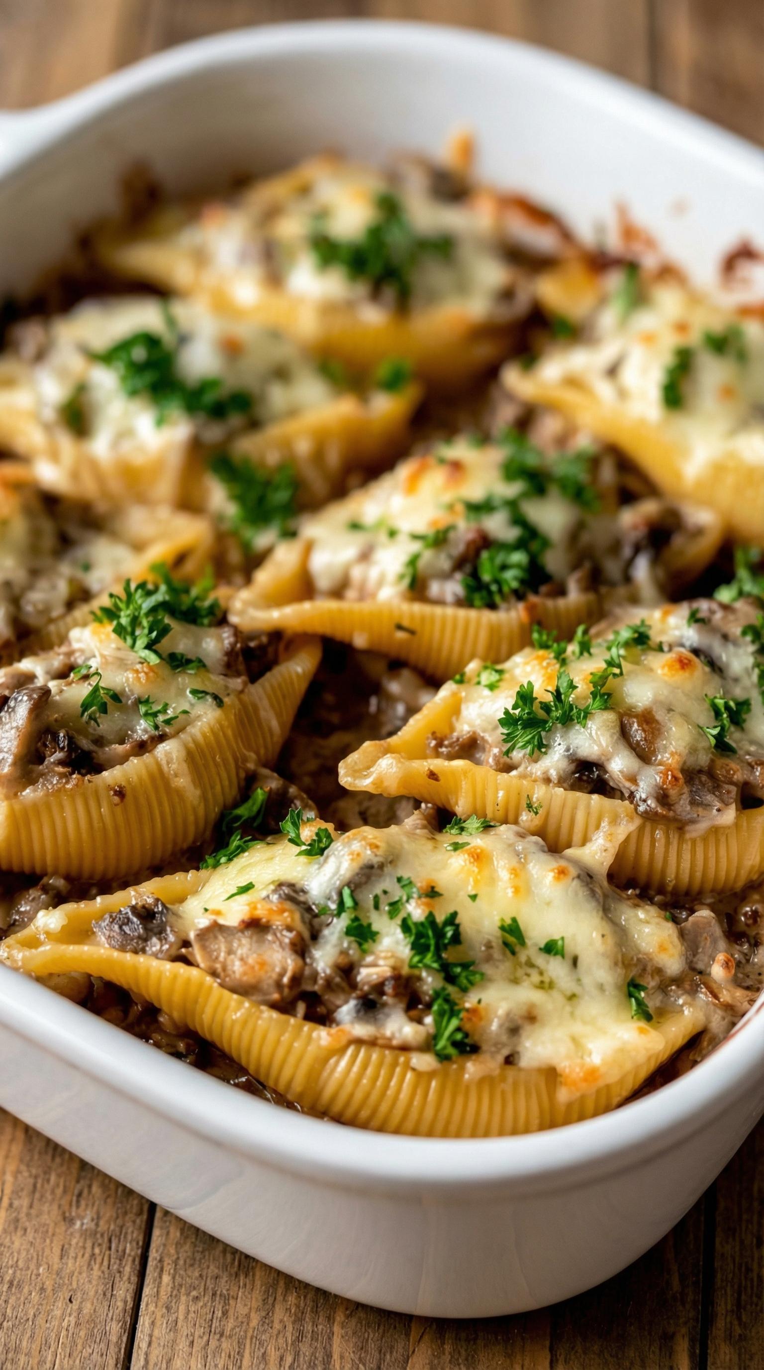 A plate of food with mushrooms and cheese.