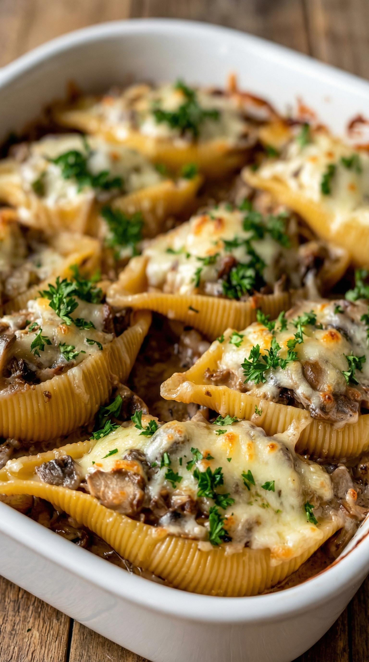 A dish of pasta with cheese and mushrooms.