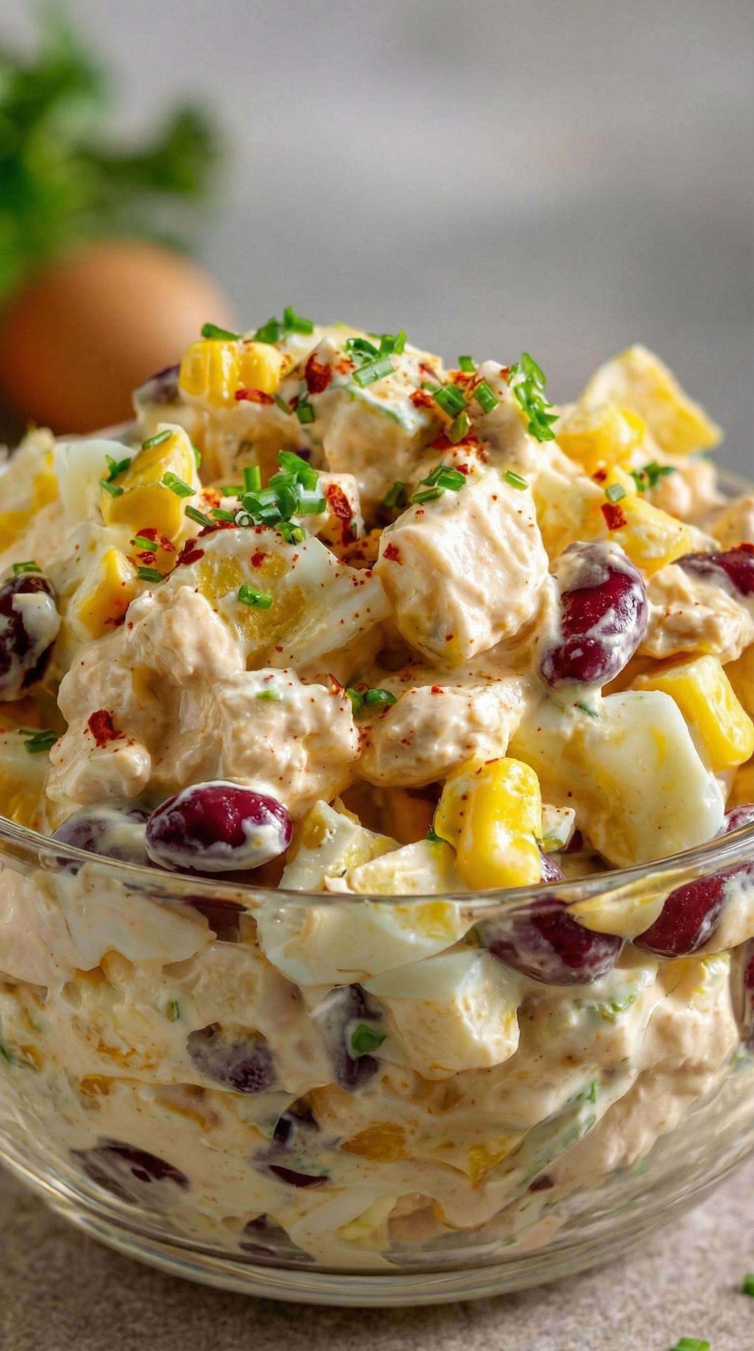 A salad with chicken, corn, and eggs.