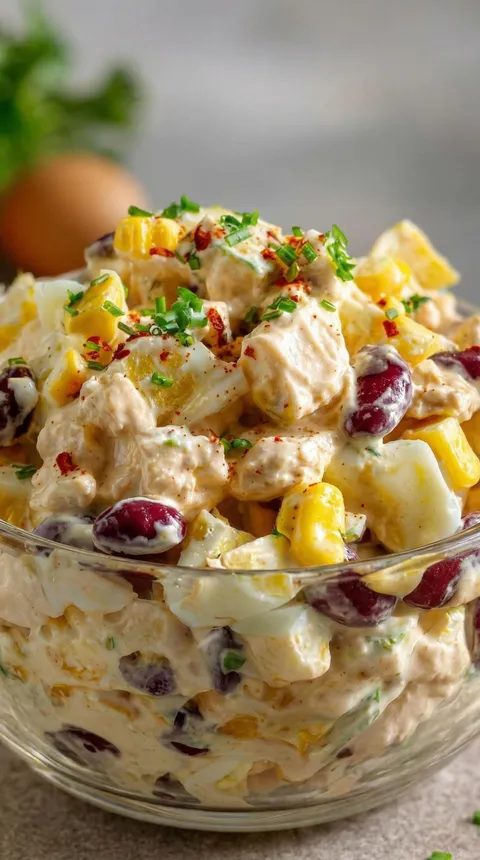 A salad with chicken, corn, and eggs.