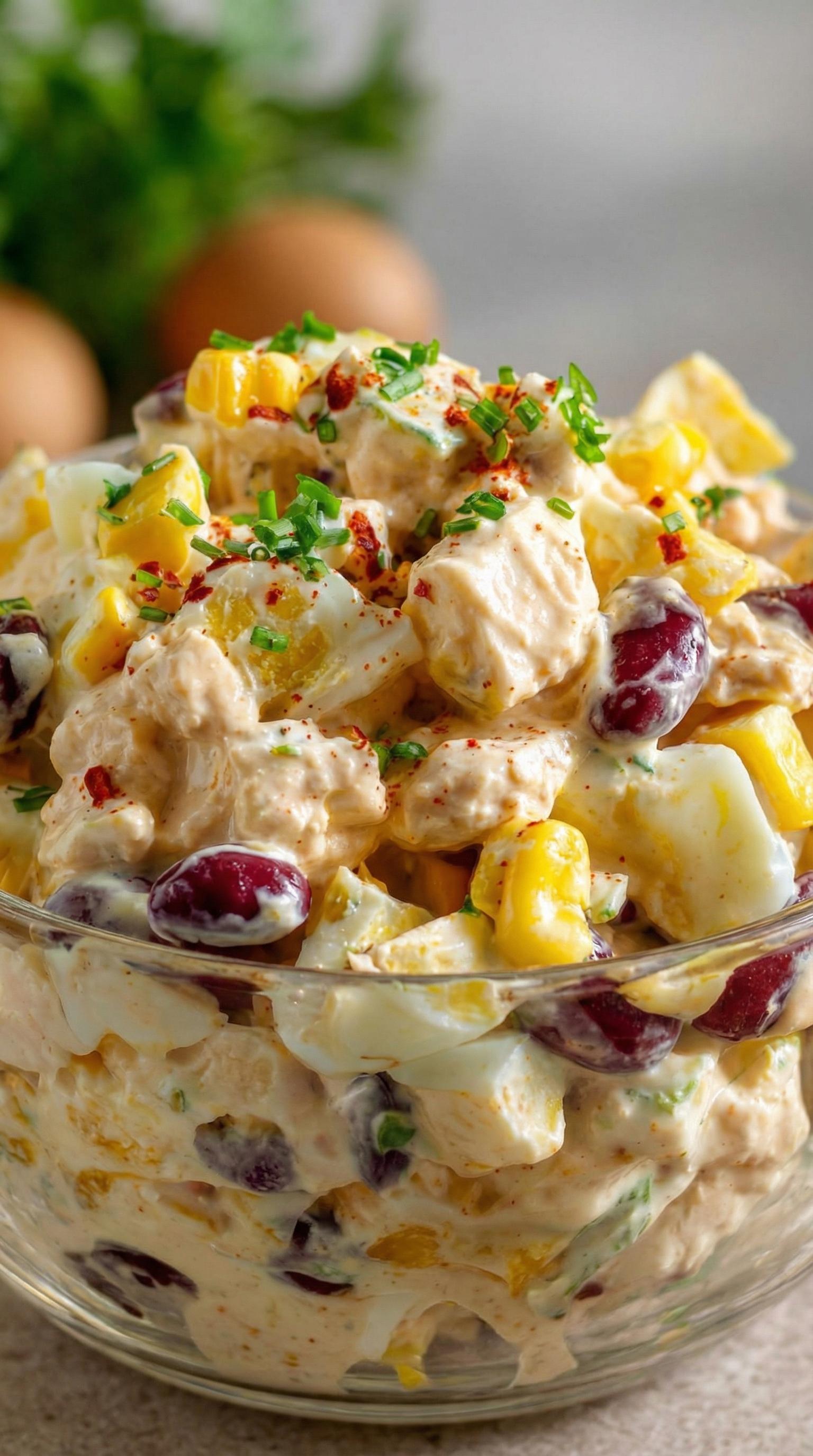 A salad with chicken, corn, and eggs.
