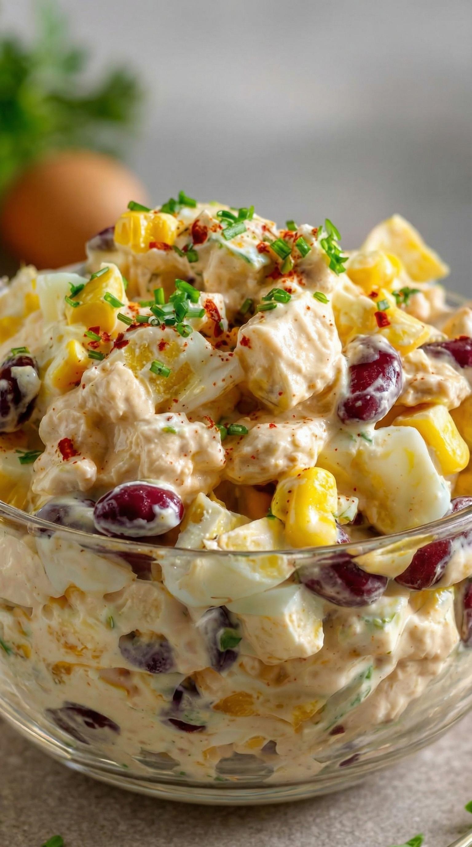 A colorful and appetizing salad with chicken, beans, and egg served in a bowl.