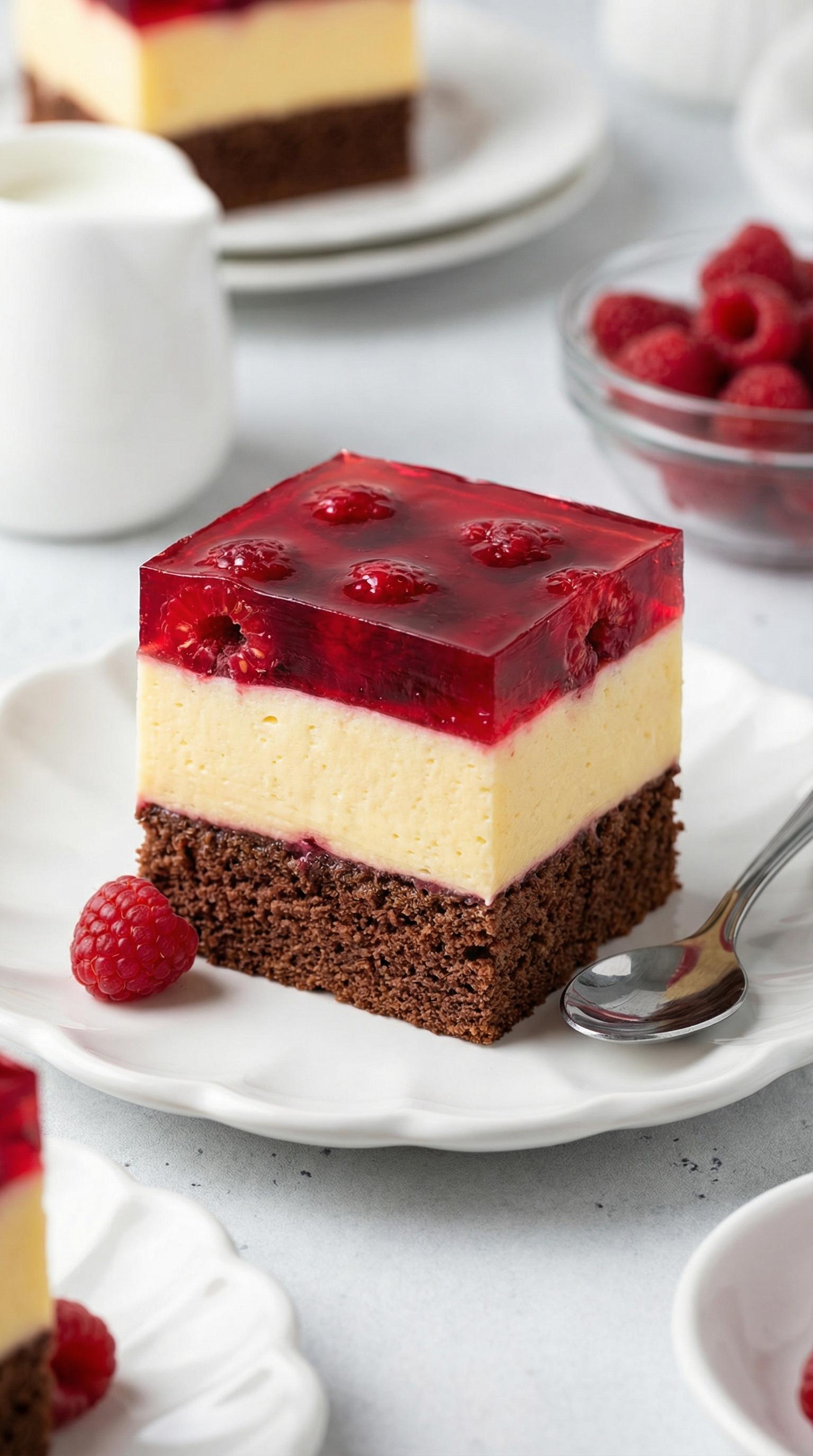 A slice of cake with raspberries on top.