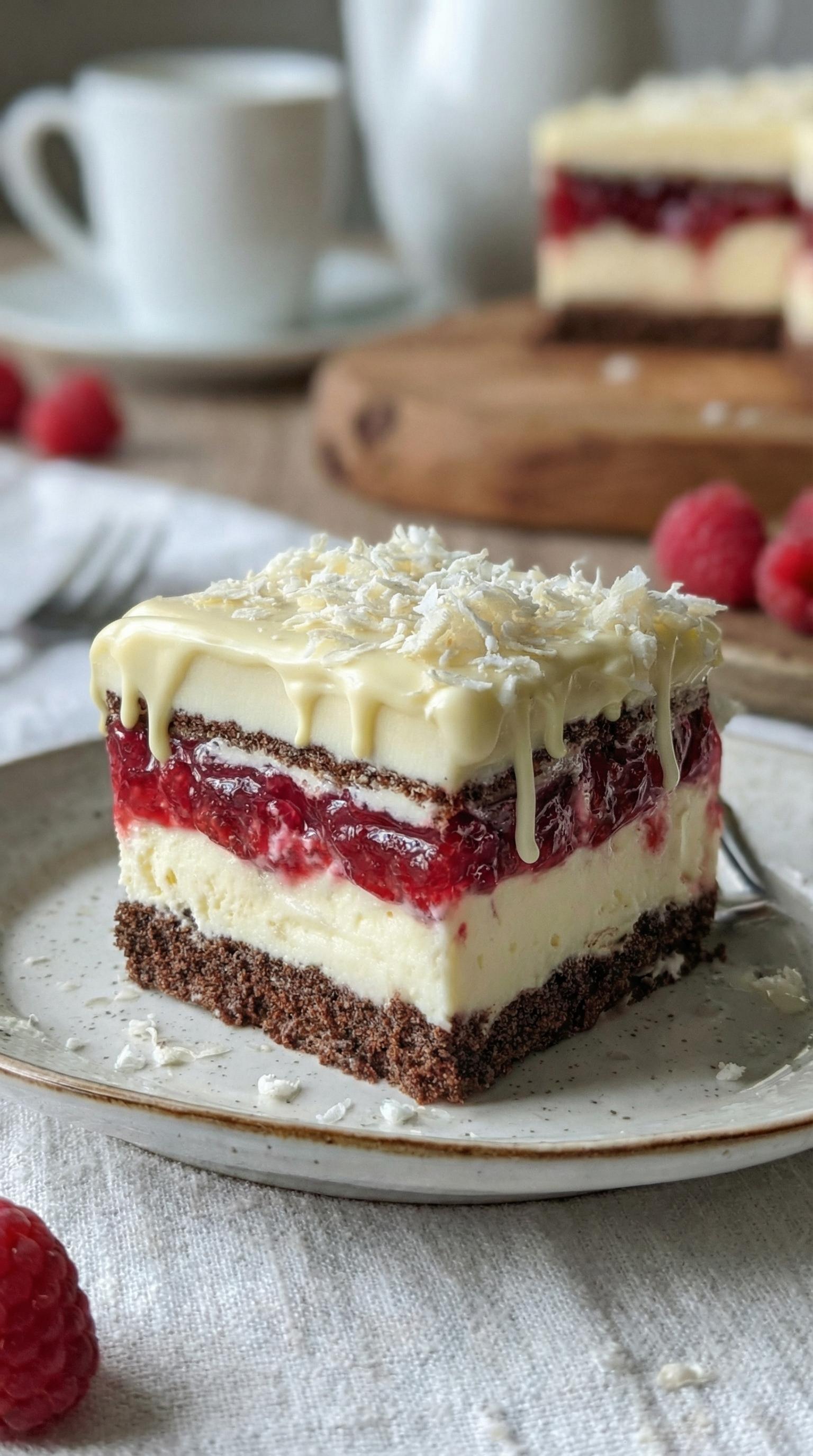 A slice of cake with white frosting and red fruit on top.