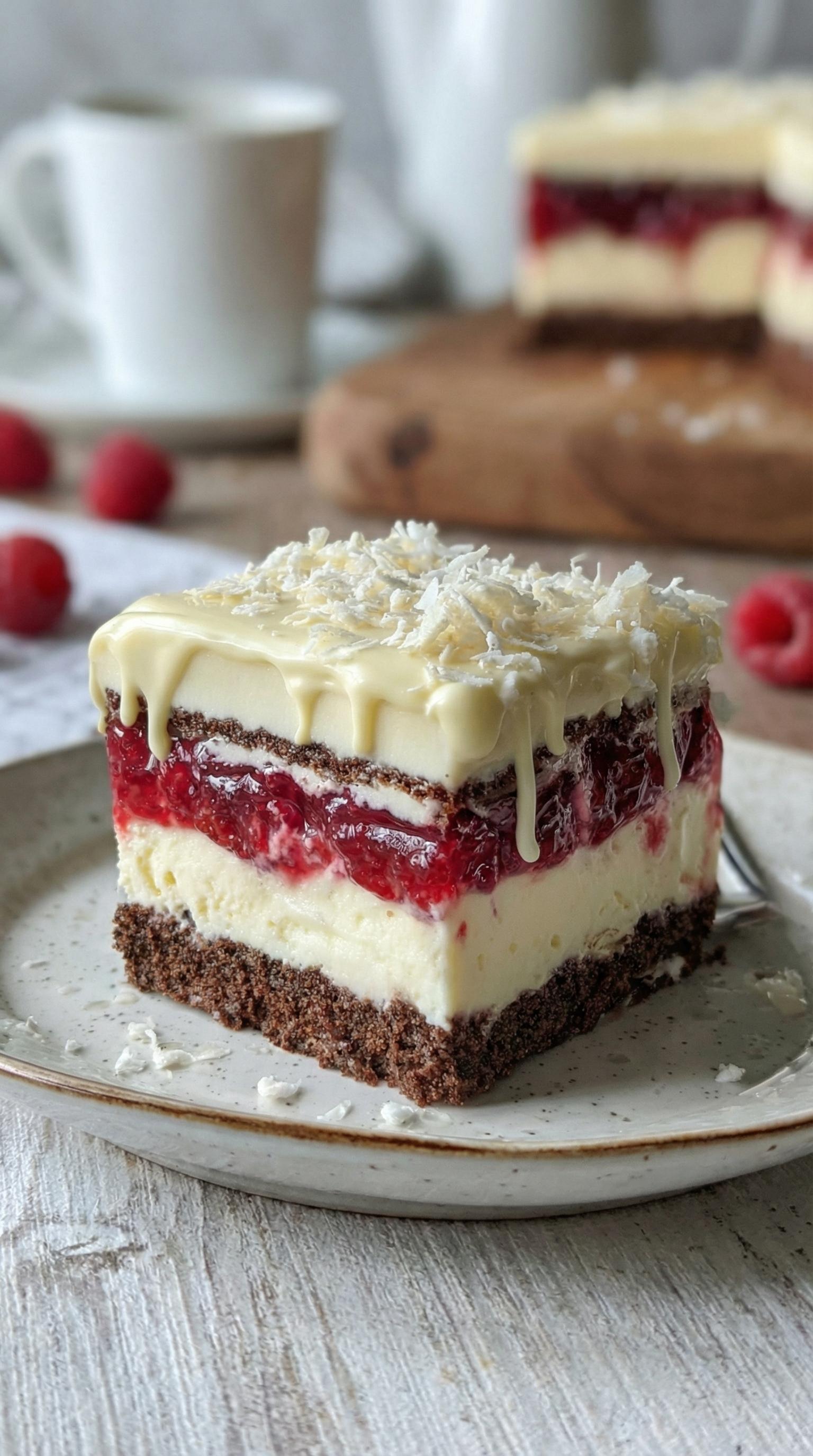 A slice of cake with white frosting and red berries.