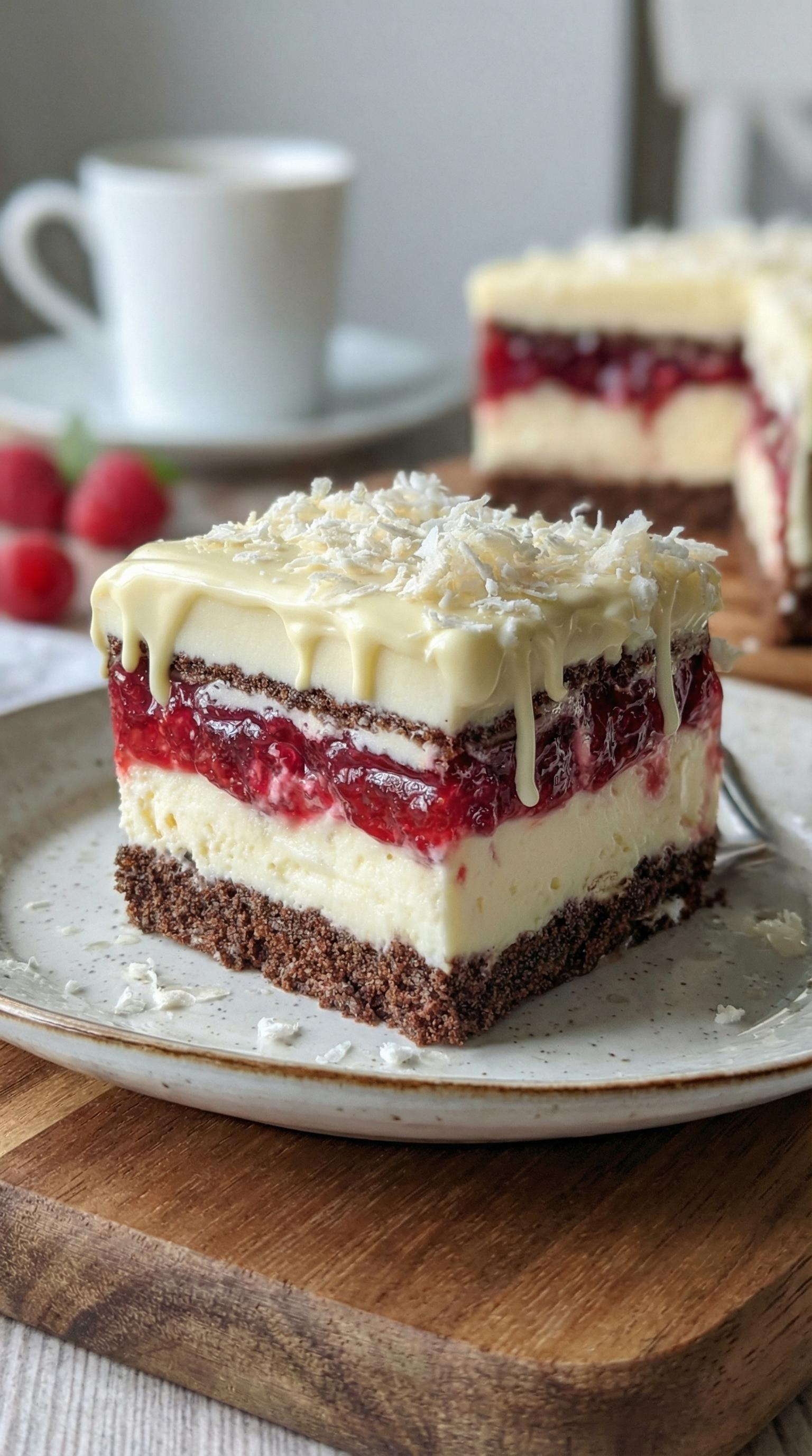 A slice of cake with white frosting and red berries.