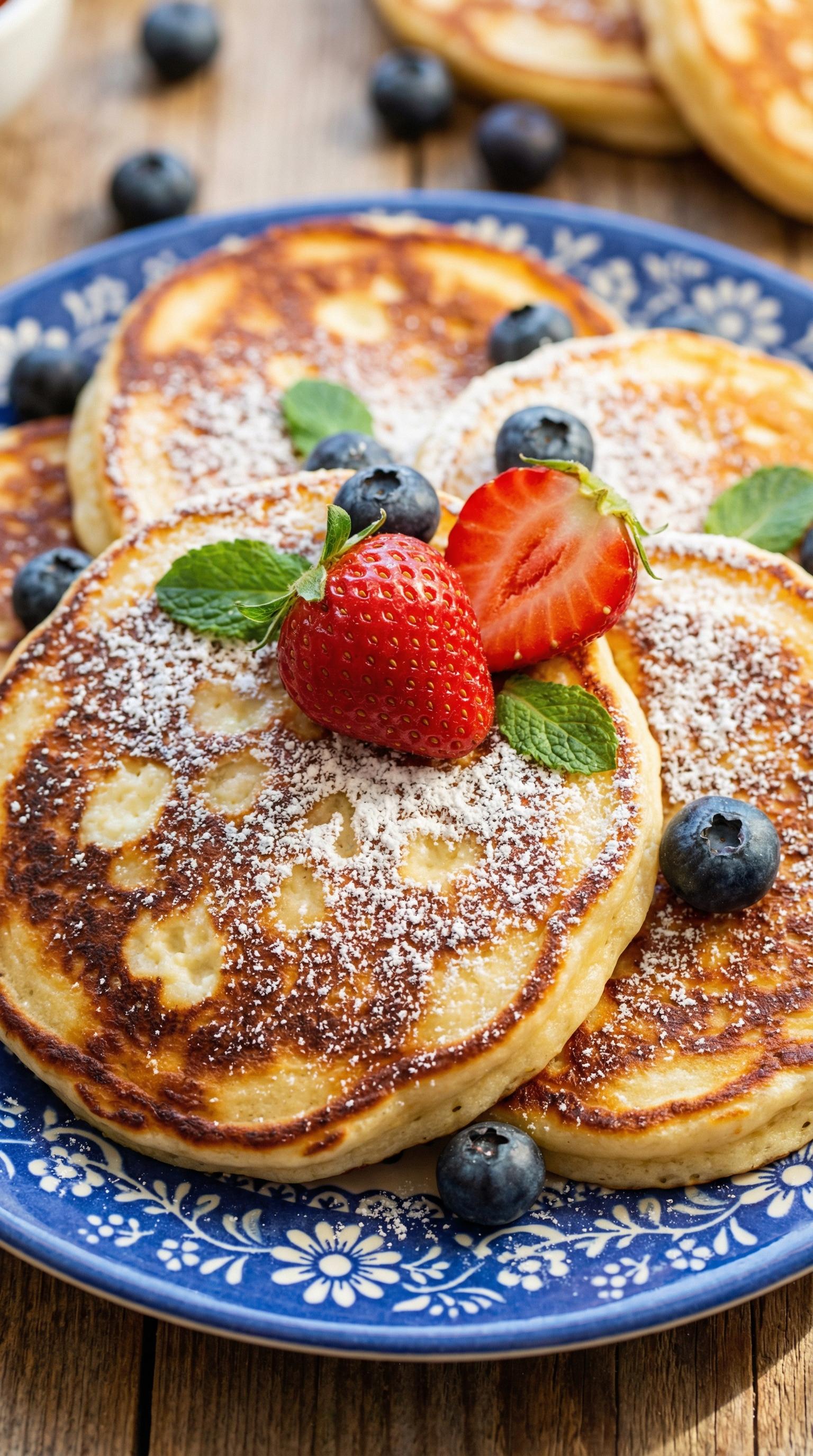 A plate of pancakes with strawberries and blueberries.