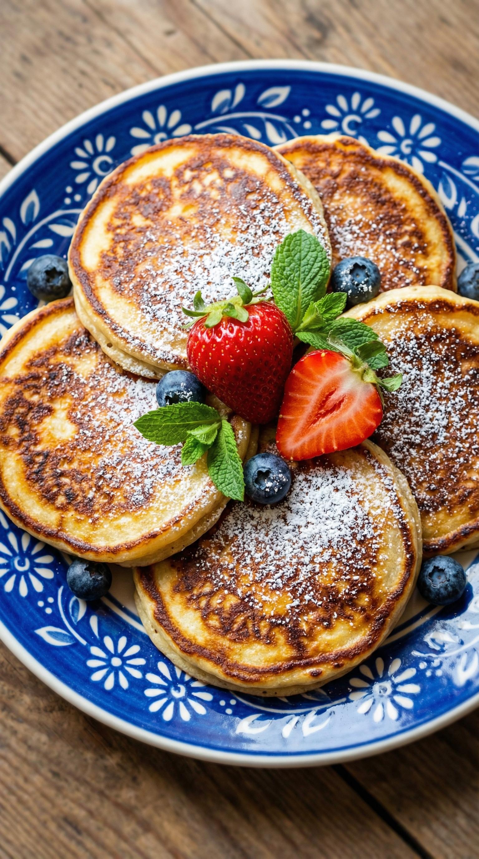 A plate of pancakes with strawberries and blueberries.