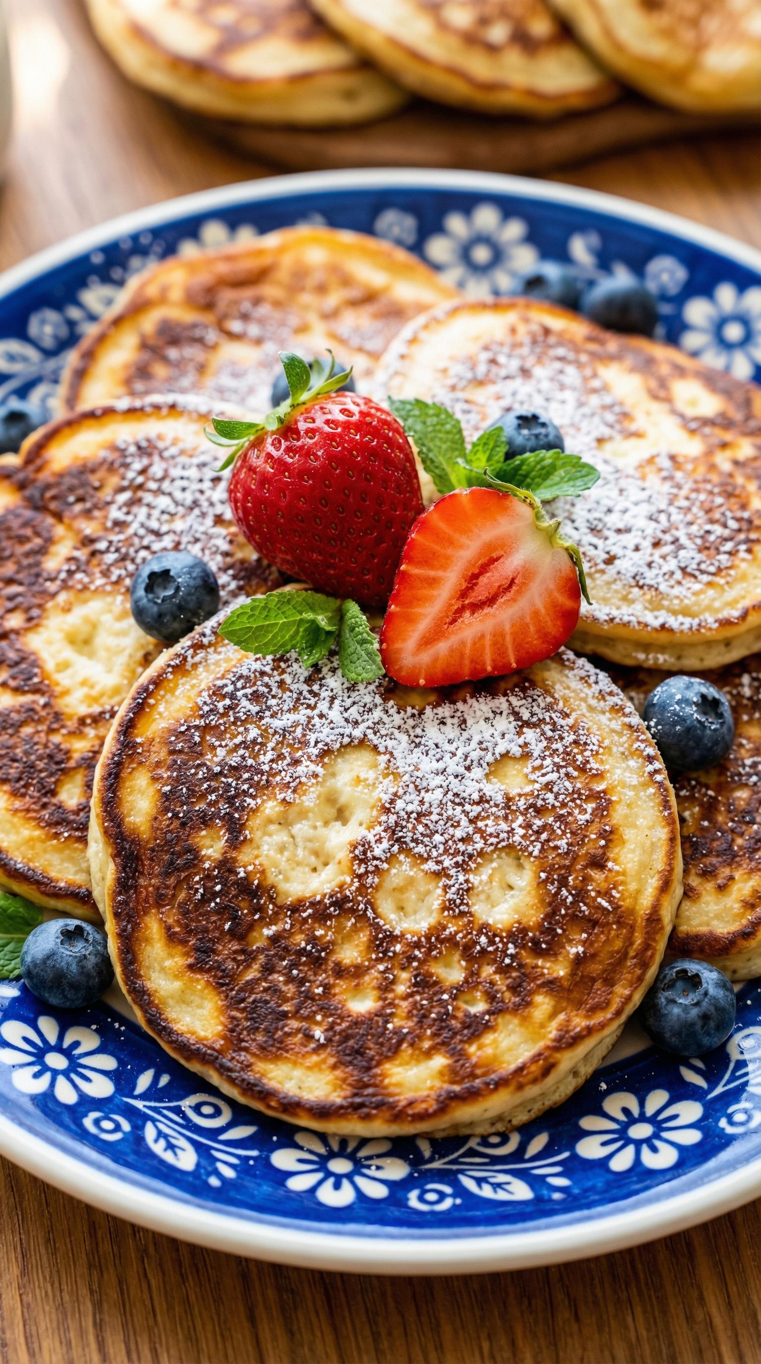 A plate of pancakes with strawberries and blueberries.