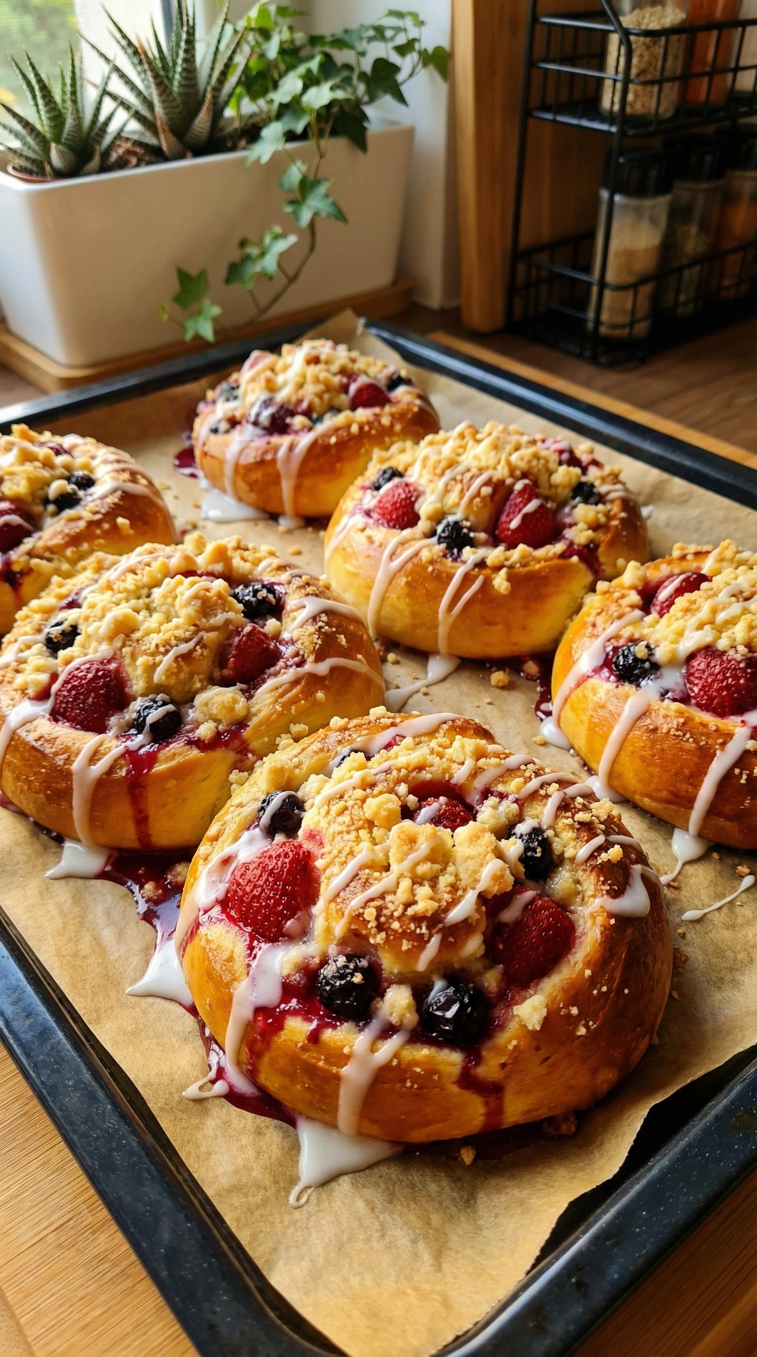 A tray of pastries with berries and cream.