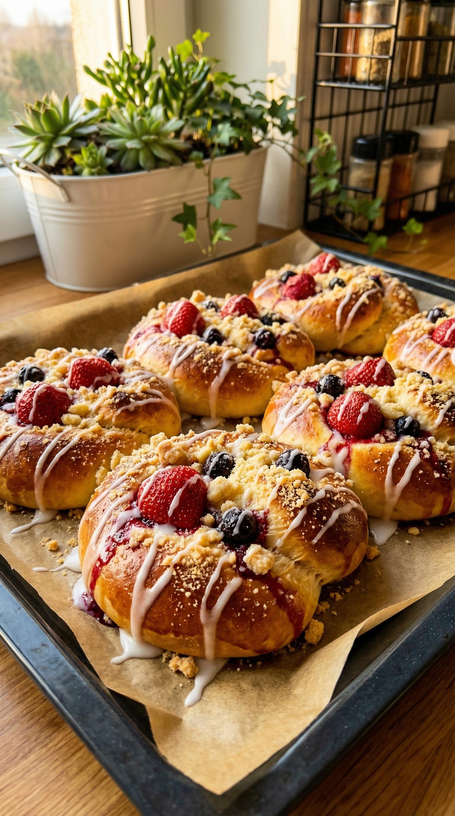 A tray of pastries with berries and cream.