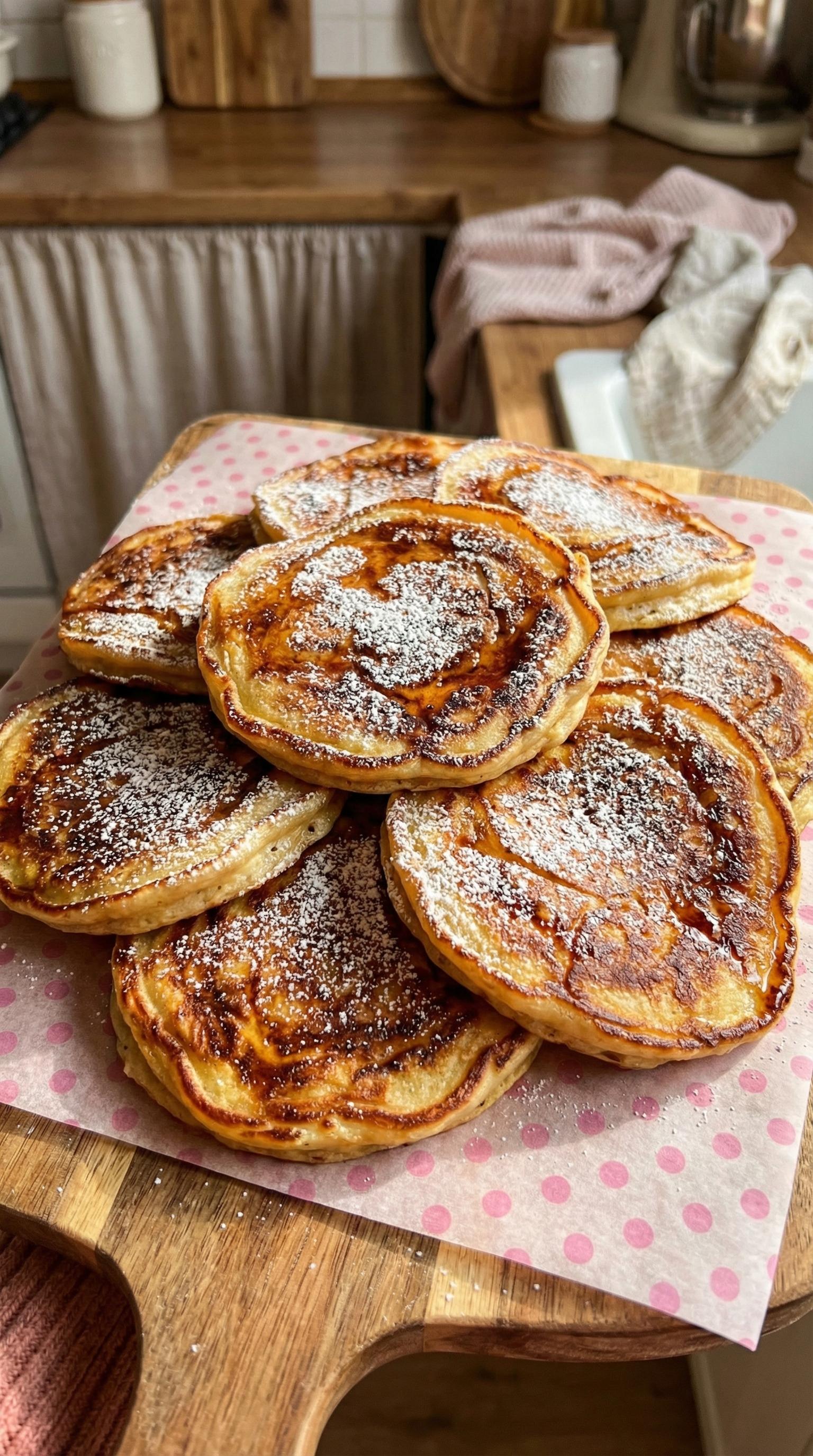 A stack of pancakes with powdered sugar on top.