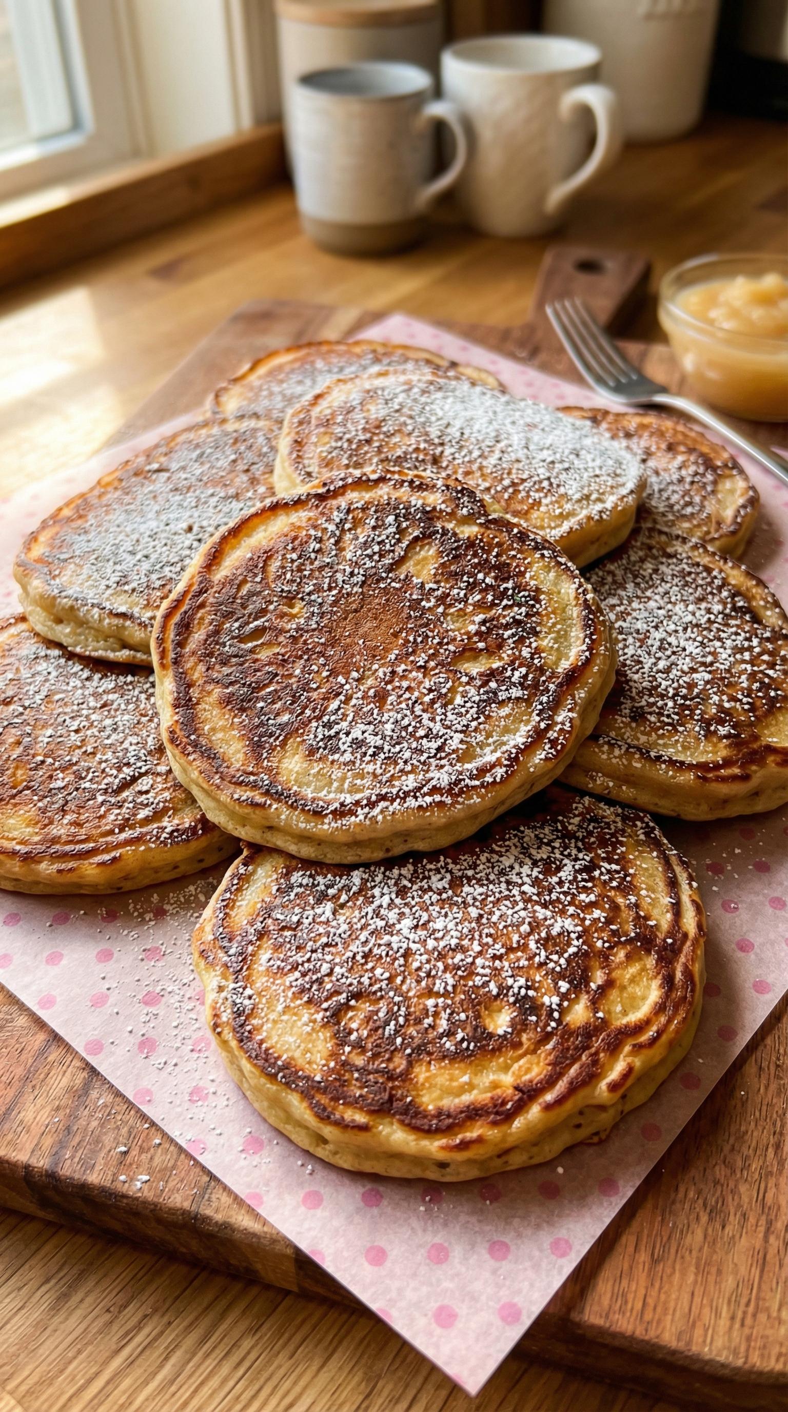 A plate of pancakes with powdered sugar on top.