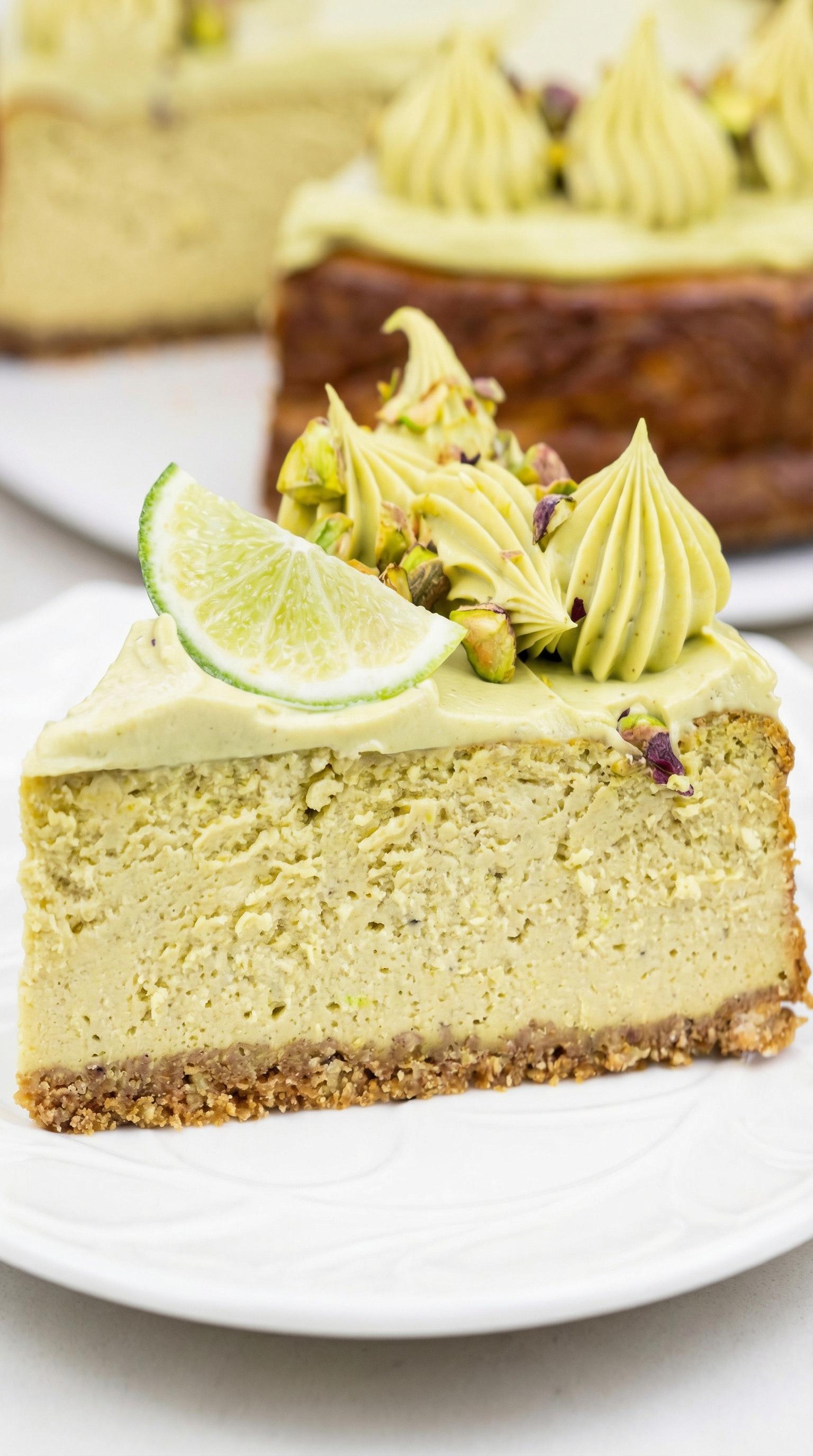 A slice of cake with a lime wedge on top.