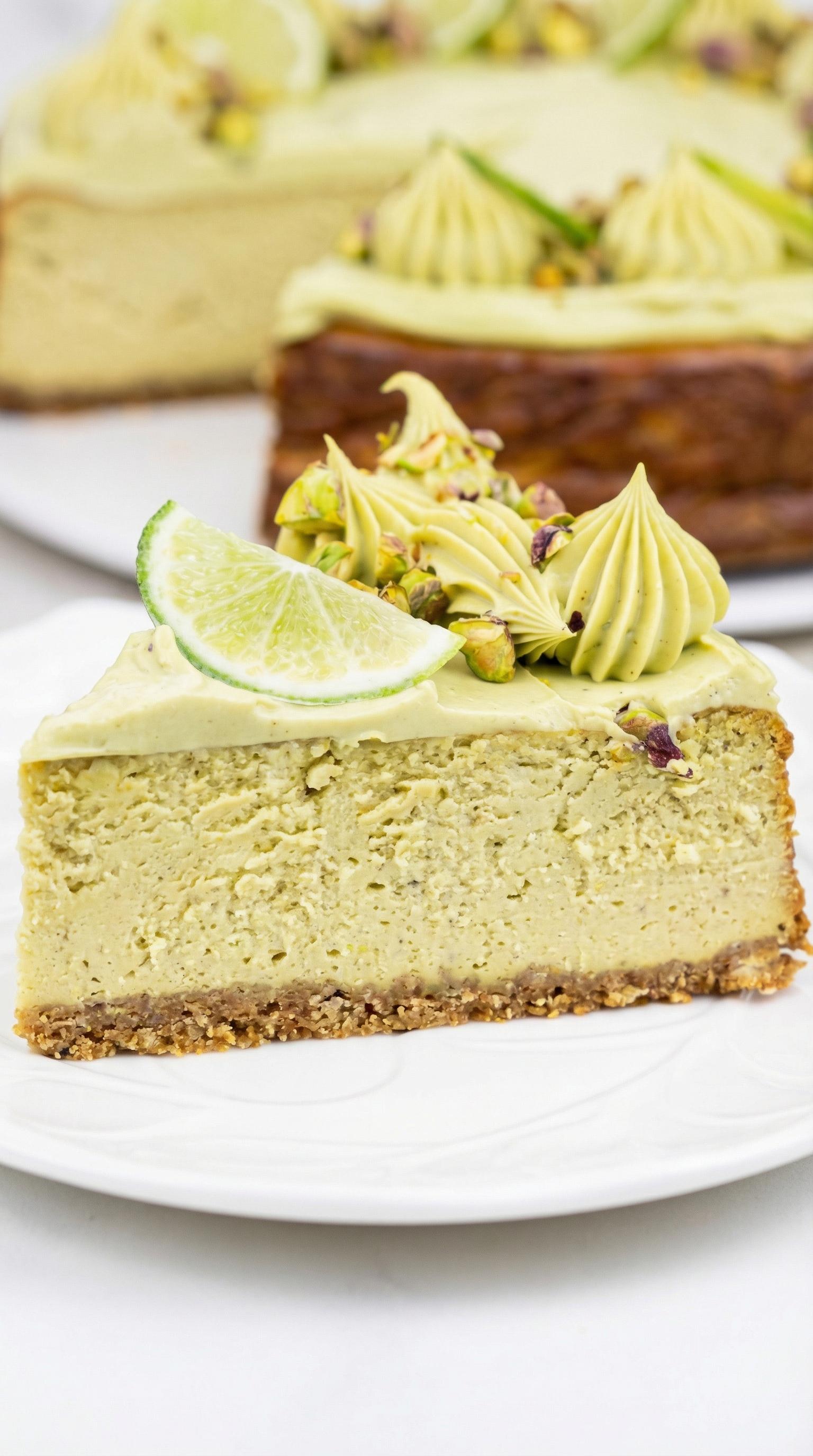 A slice of pistachio cheesecake with a lime wedge on top.
