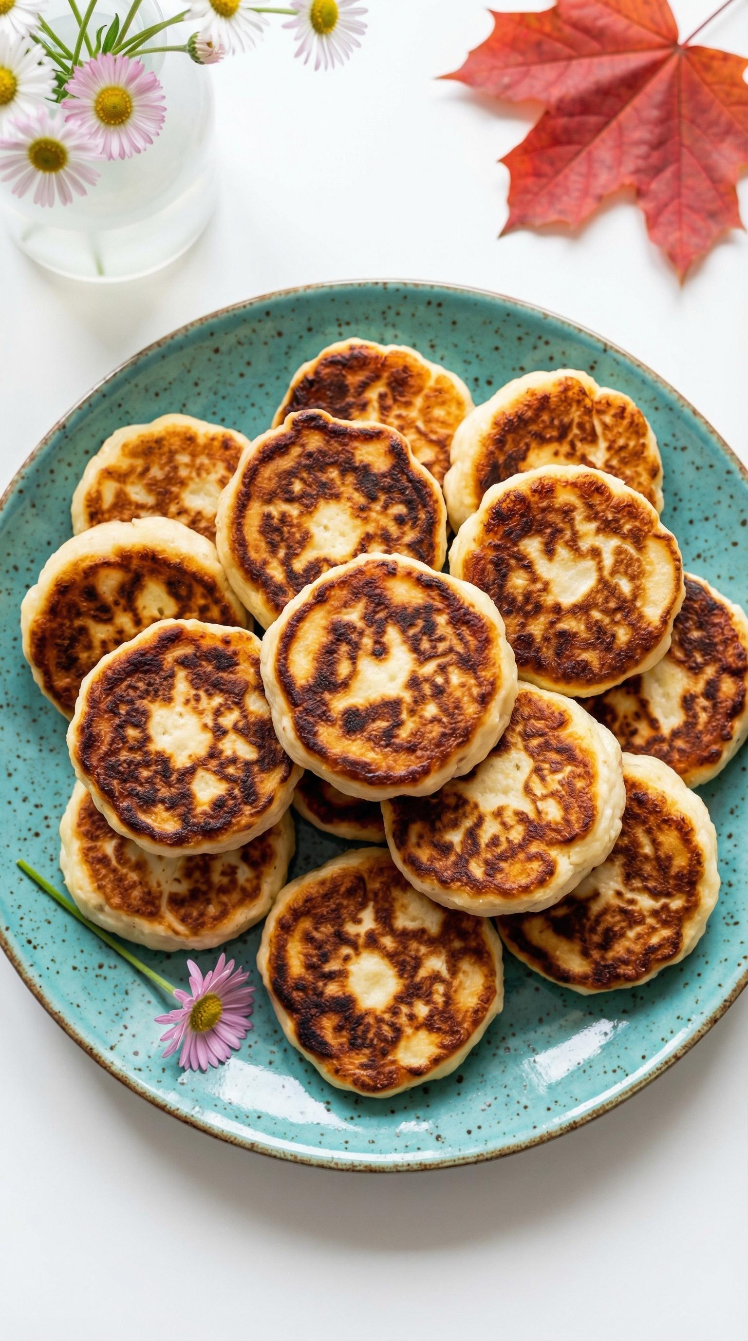 A plate of pancakes with a flower on it.