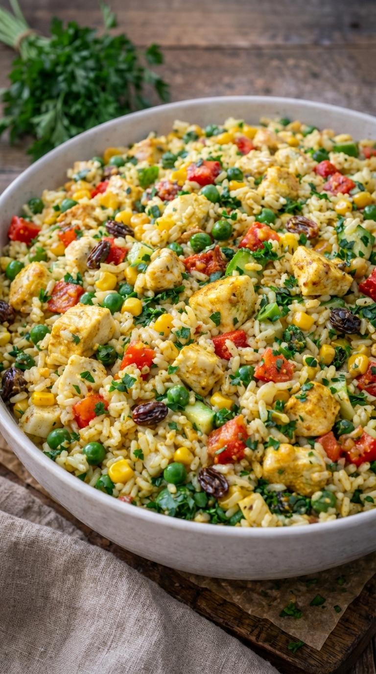 A bowl of rice with vegetables.