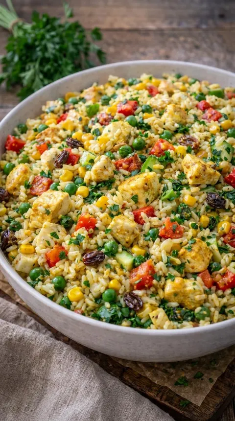 A bowl of rice with vegetables.