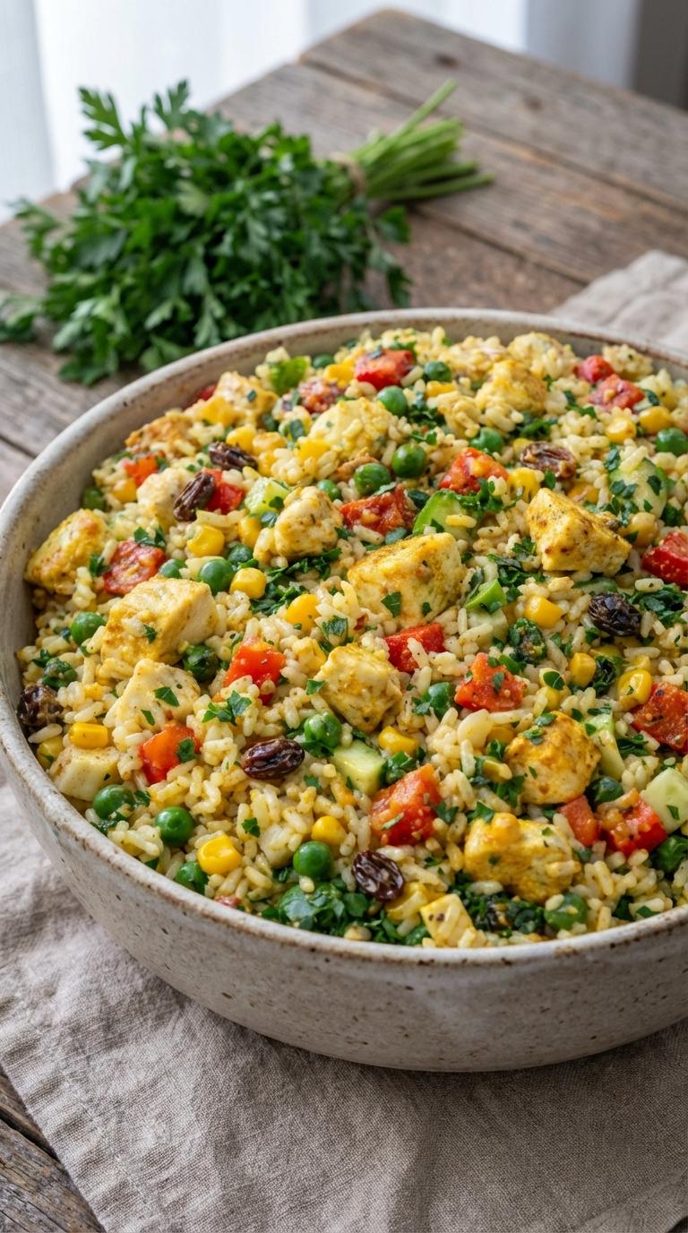 A bowl of rice with vegetables and meat.
