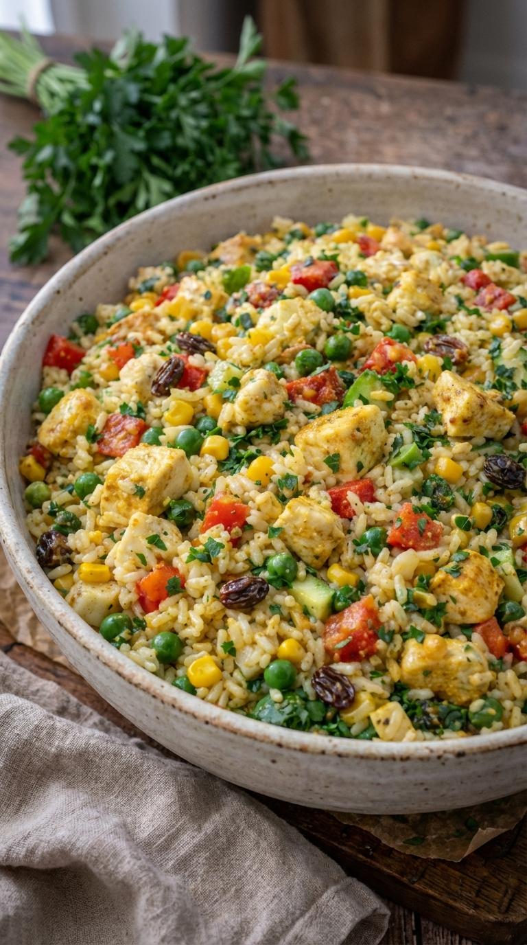 A colorful rice dish with chicken and vegetables in a bowl.