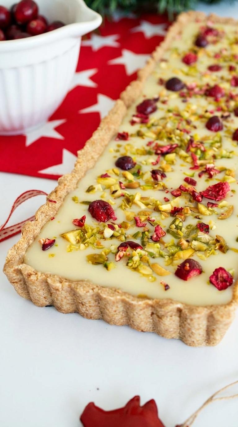 A tart with white filling and red berries.