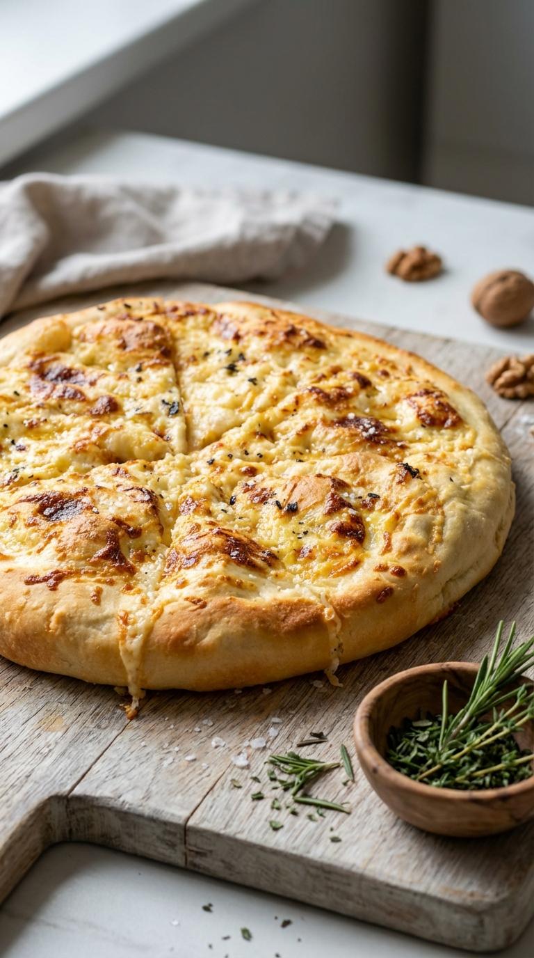 A pizza with cheese and herbs on top.