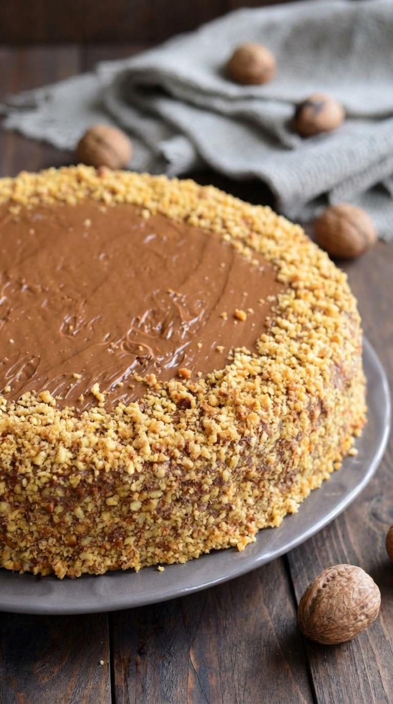 A slice of chocolate cake with nuts on top.