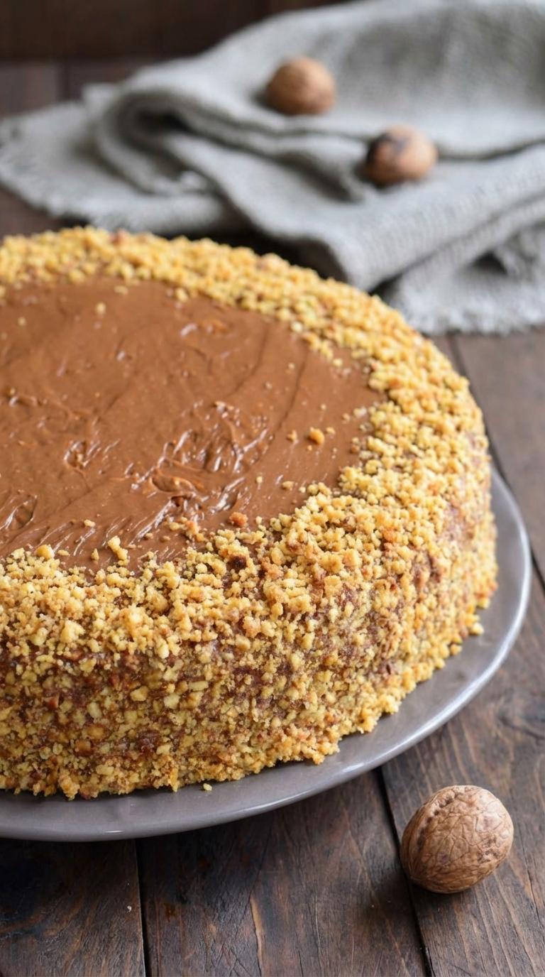 A cake with chocolate frosting and nuts.