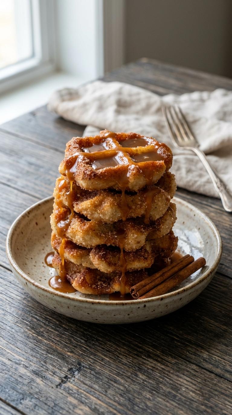A stack of churros with caramel sauce.