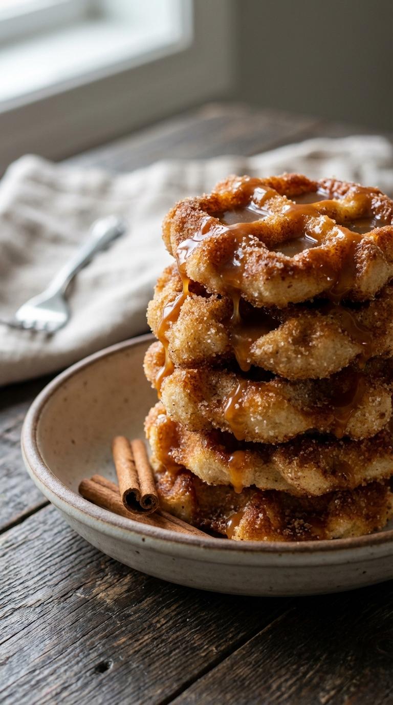 A stack of churros with caramel sauce.