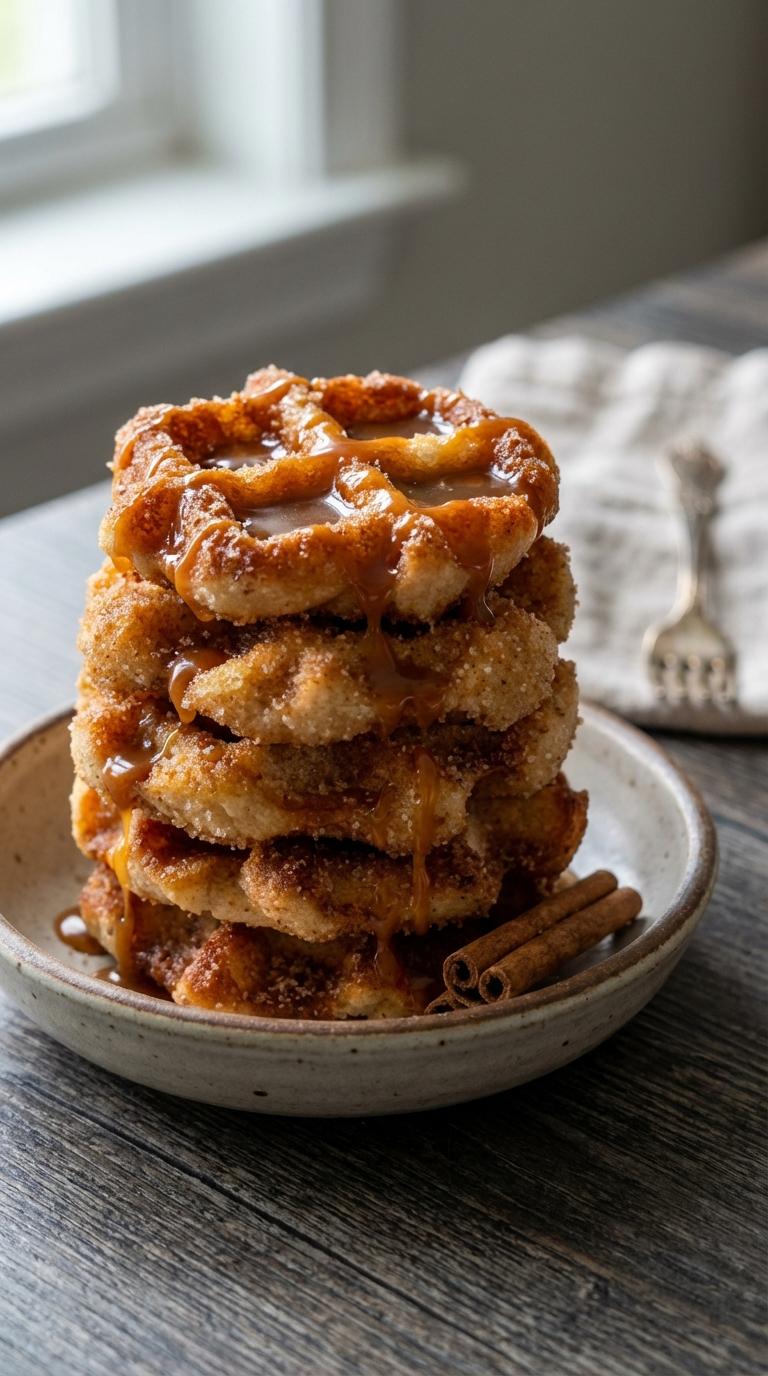 A stack of churros with caramel sauce.