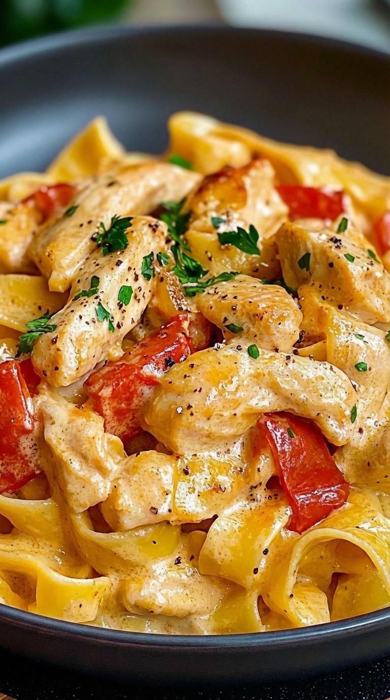 A plate of food with chicken, tomatoes, and herbs.