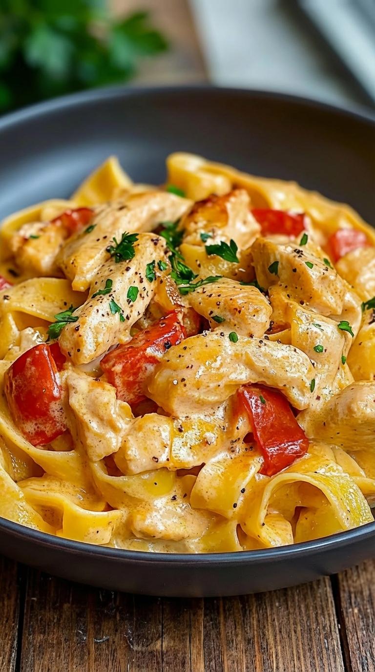 A plate of food with chicken, tomatoes, and pasta.