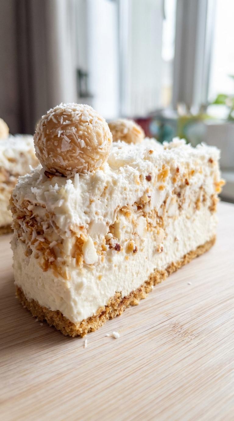 A slice of ciasto rafaello with a white cream filling.