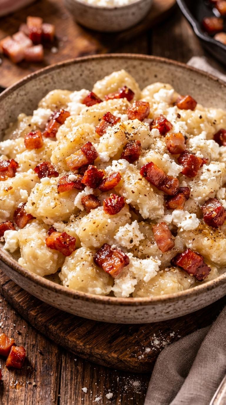 A bowl of bacon and cheese pasta.