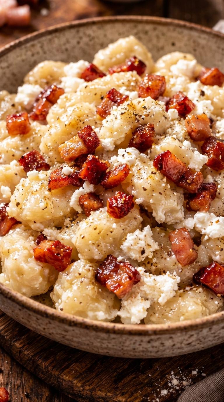 A bowl of bacon and cheese pasta.