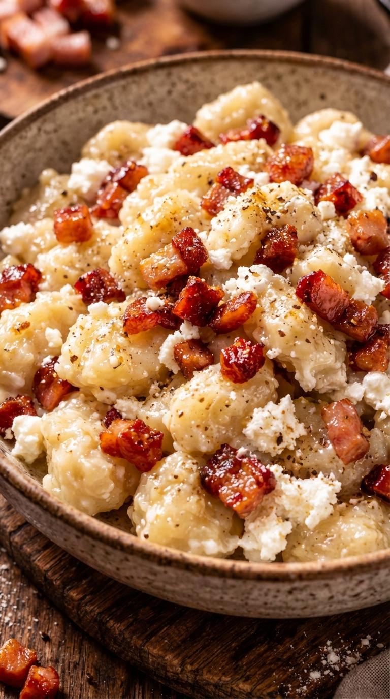 A bowl of bacon and cheese.