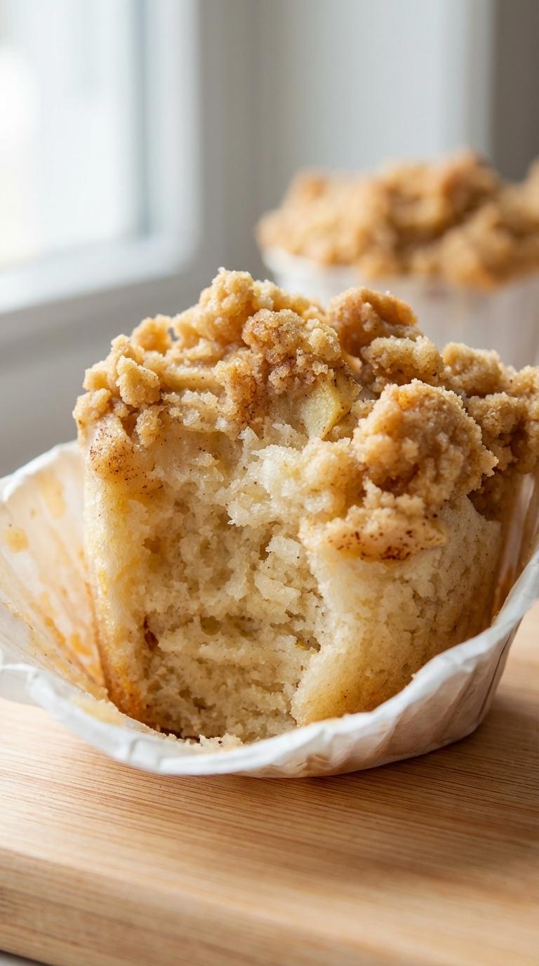 A muffin with cinnamon and apples in a cupcake holder.