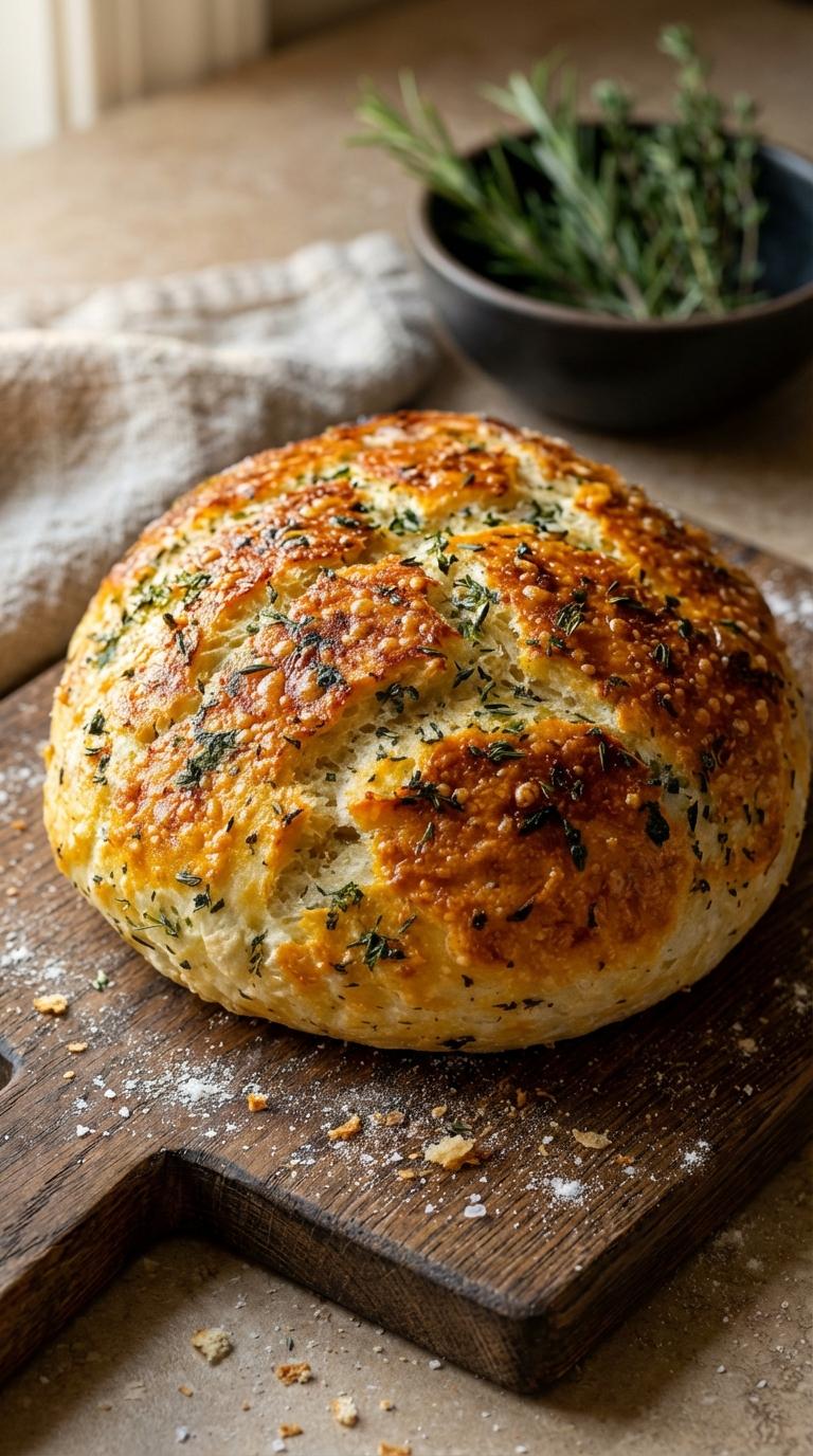 A loaf of bread with herbs on top.