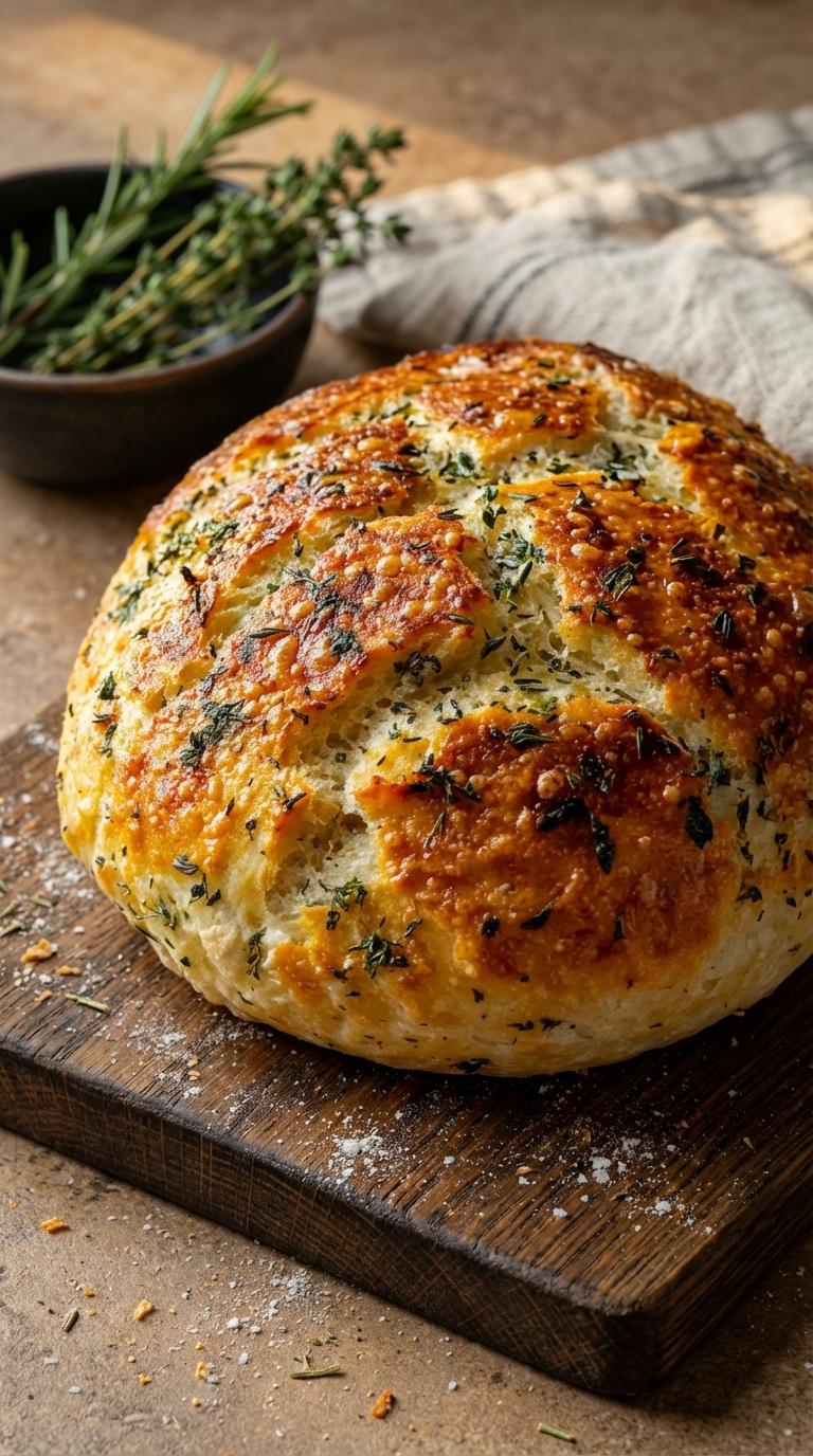 A loaf of bread with herbs on top.