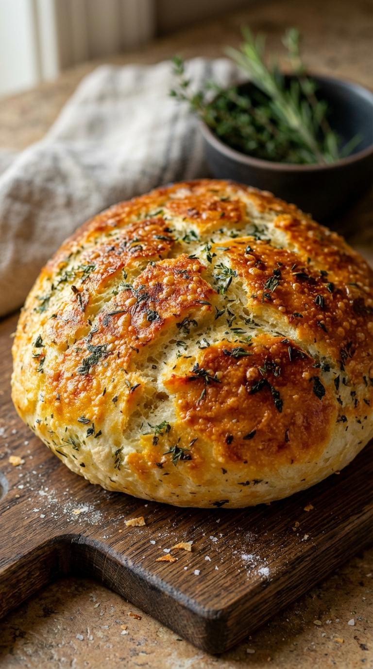 A loaf of bread with herbs on top.