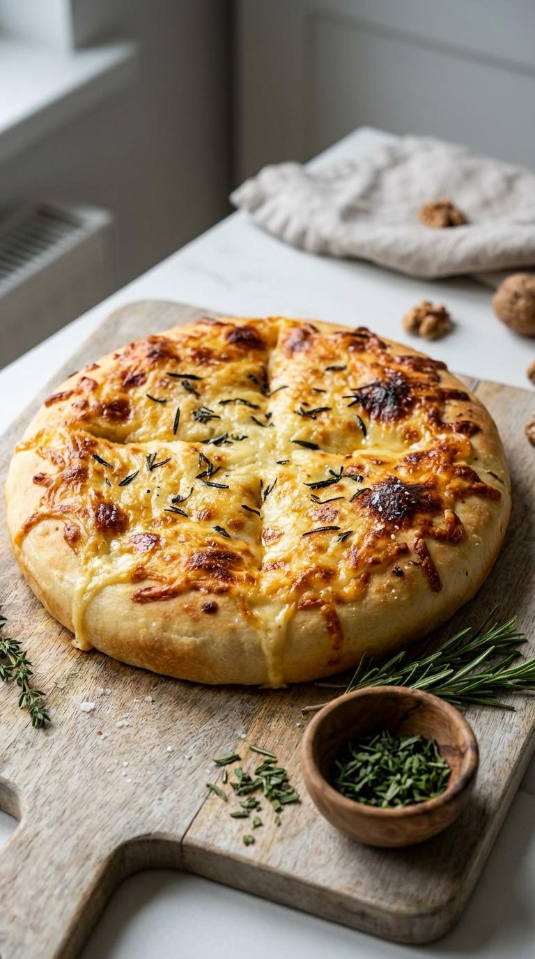 A pizza with cheese and herbs on top.