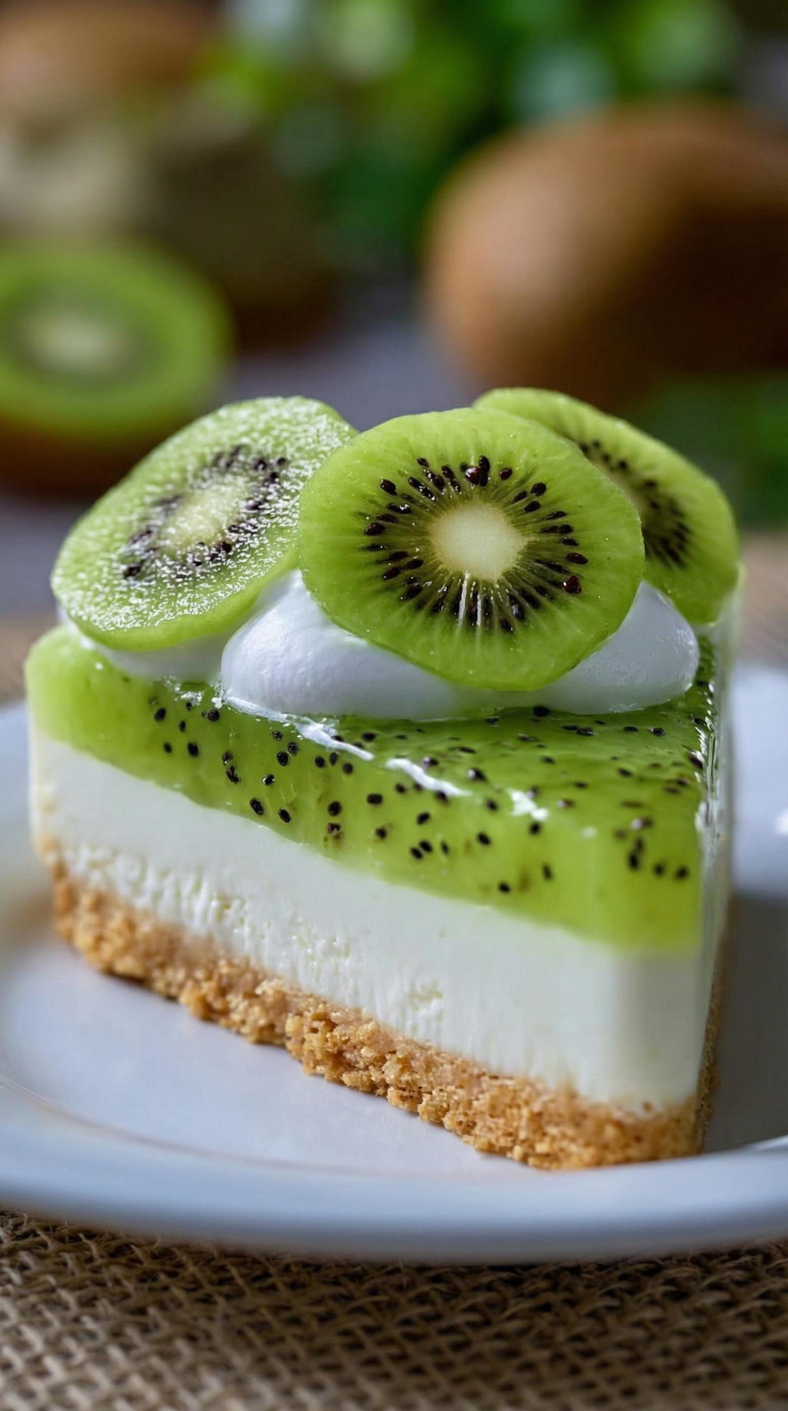 A slice of kiwi cheesecake.